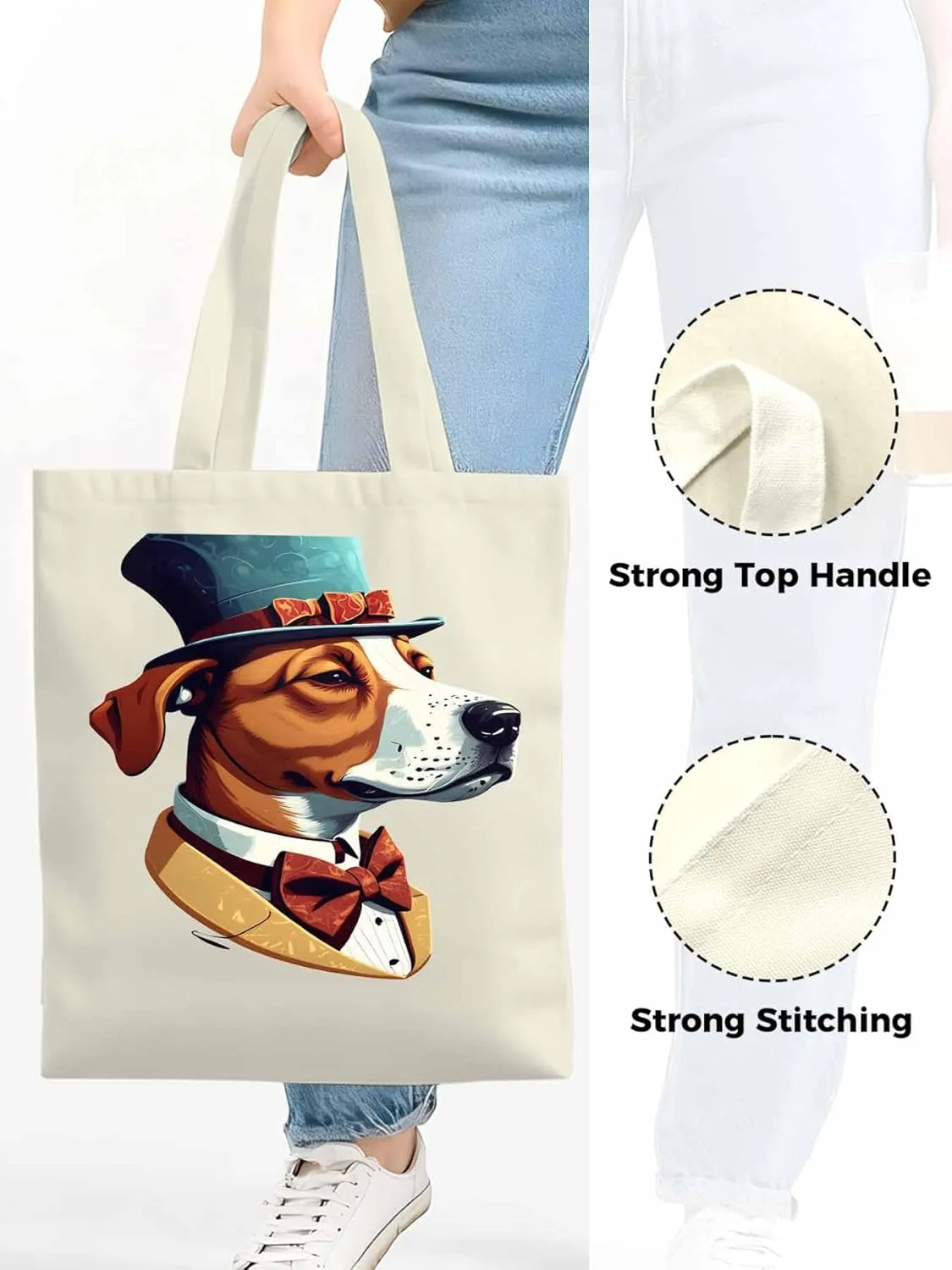 Canvas Tote Bag, Brown Dog with Hat Aesthetic Canvas Tote Handbags for Women Shoulder Bag,