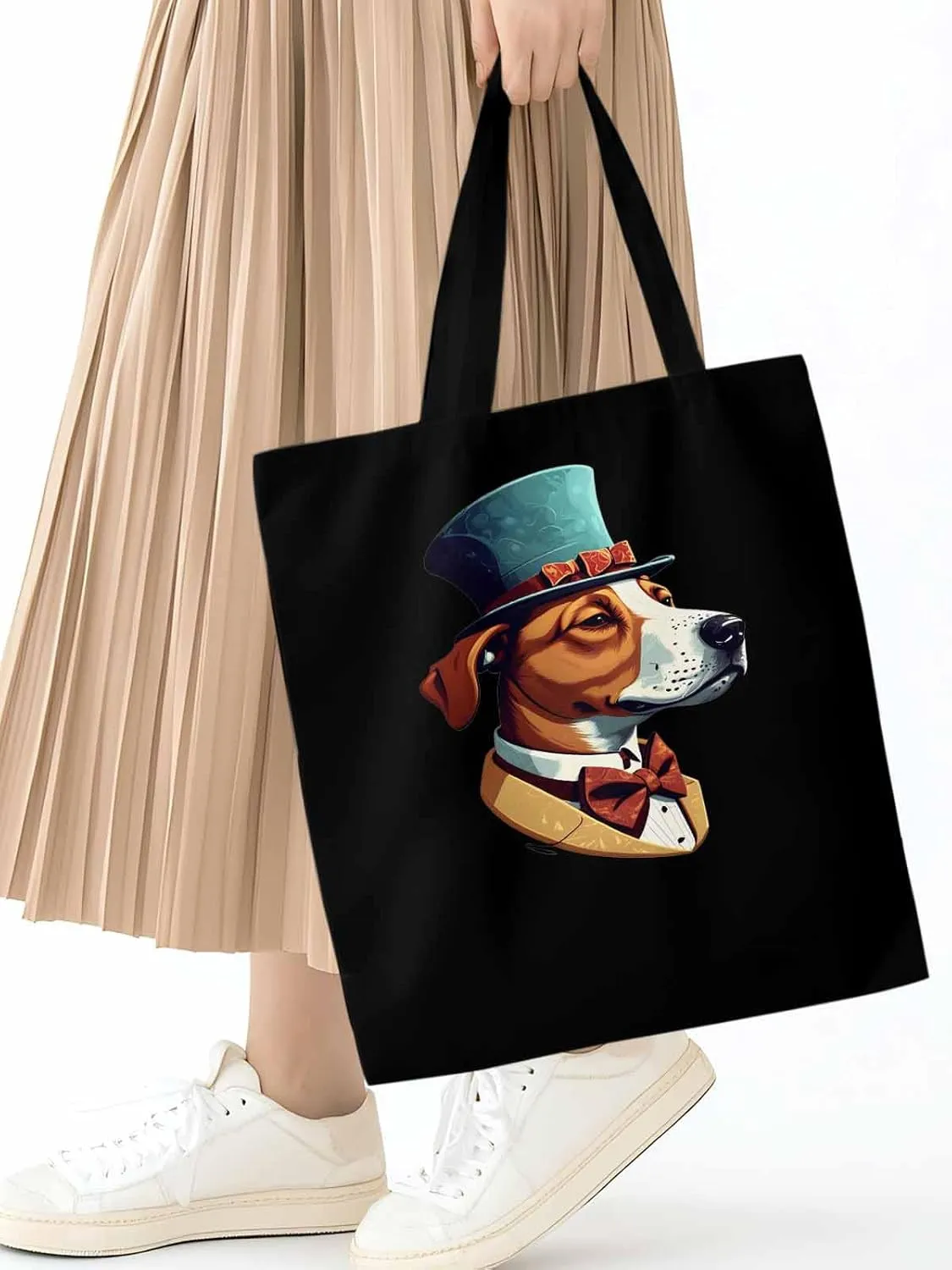 Canvas Tote Bag, Brown Dog with Hat Aesthetic Canvas Tote Handbags for Women Shoulder Bag,