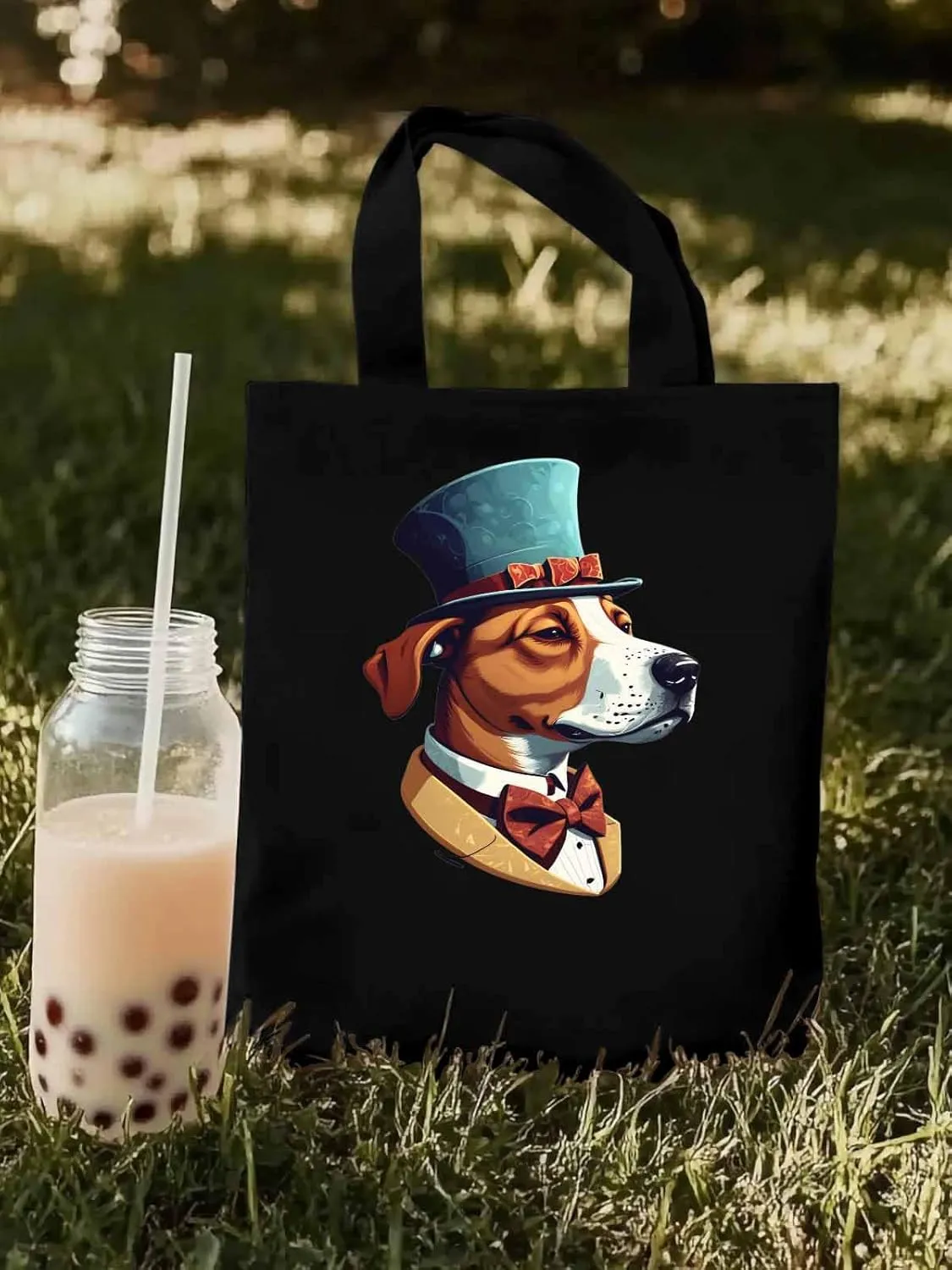 Canvas Tote Bag, Brown Dog with Hat Aesthetic Canvas Tote Handbags for Women Shoulder Bag,