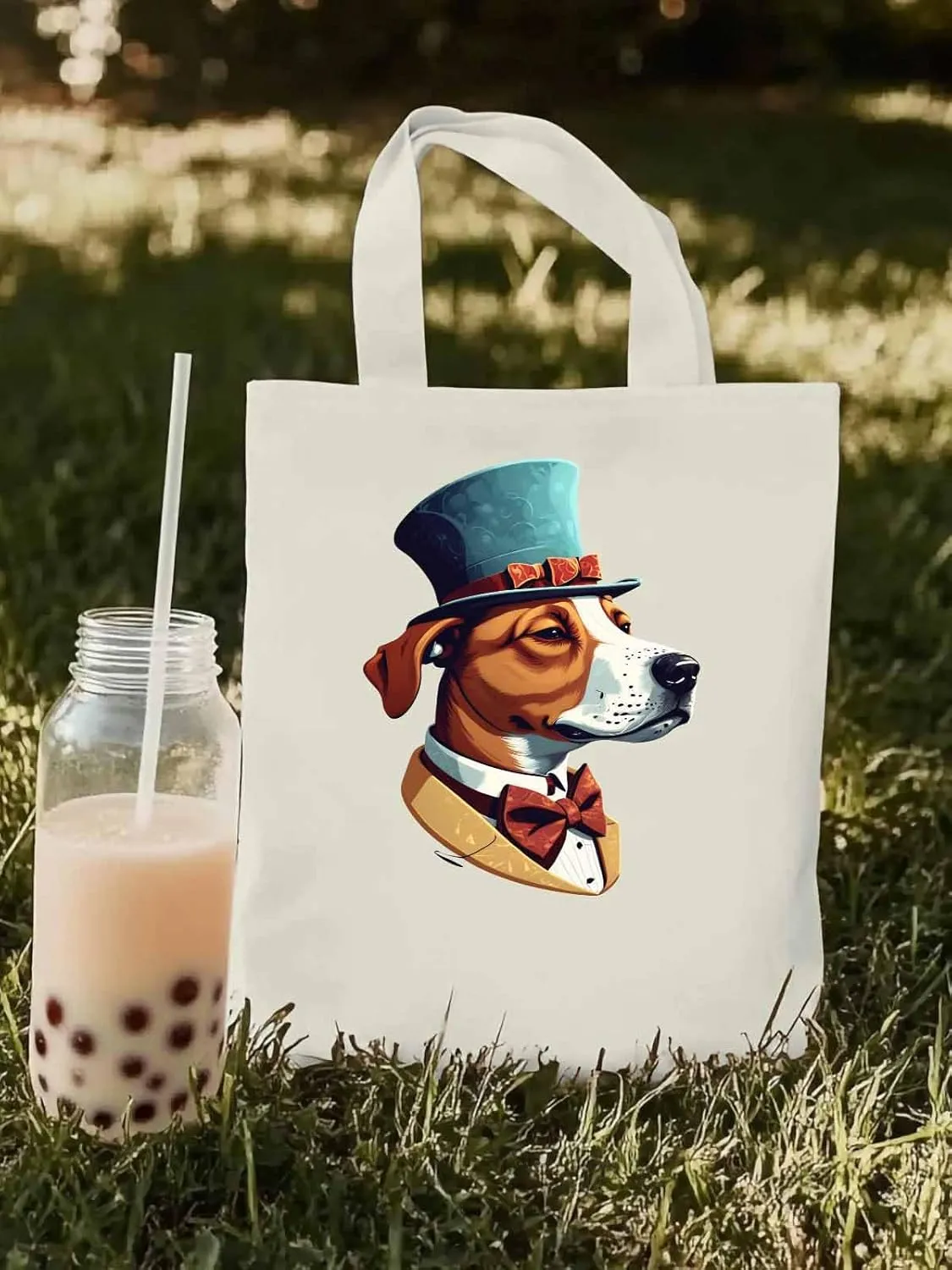 Canvas Tote Bag, Brown Dog with Hat Aesthetic Canvas Tote Handbags for Women Shoulder Bag,