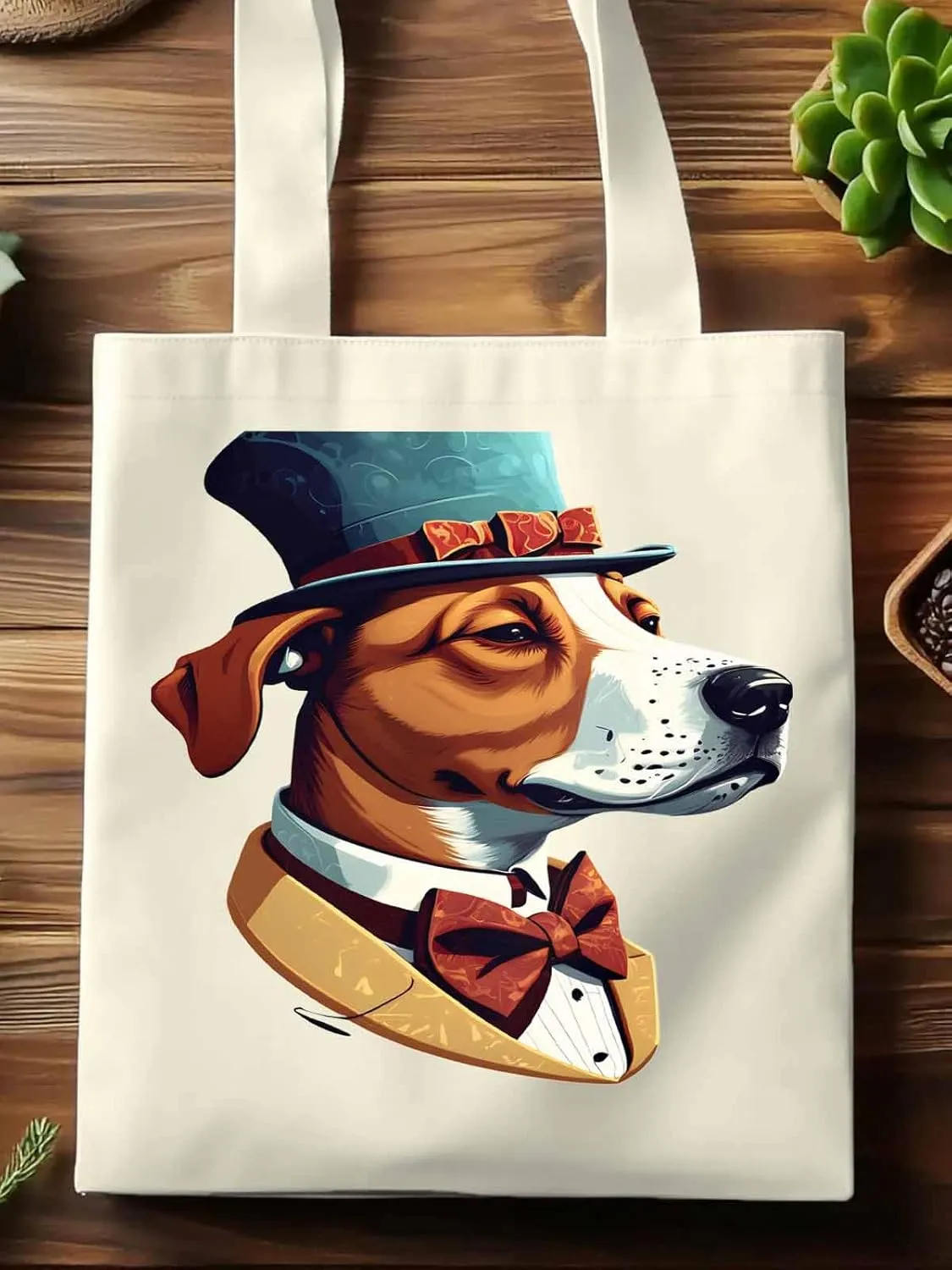 Canvas Tote Bag, Brown Dog with Hat Aesthetic Canvas Tote Handbags for Women Shoulder Bag,