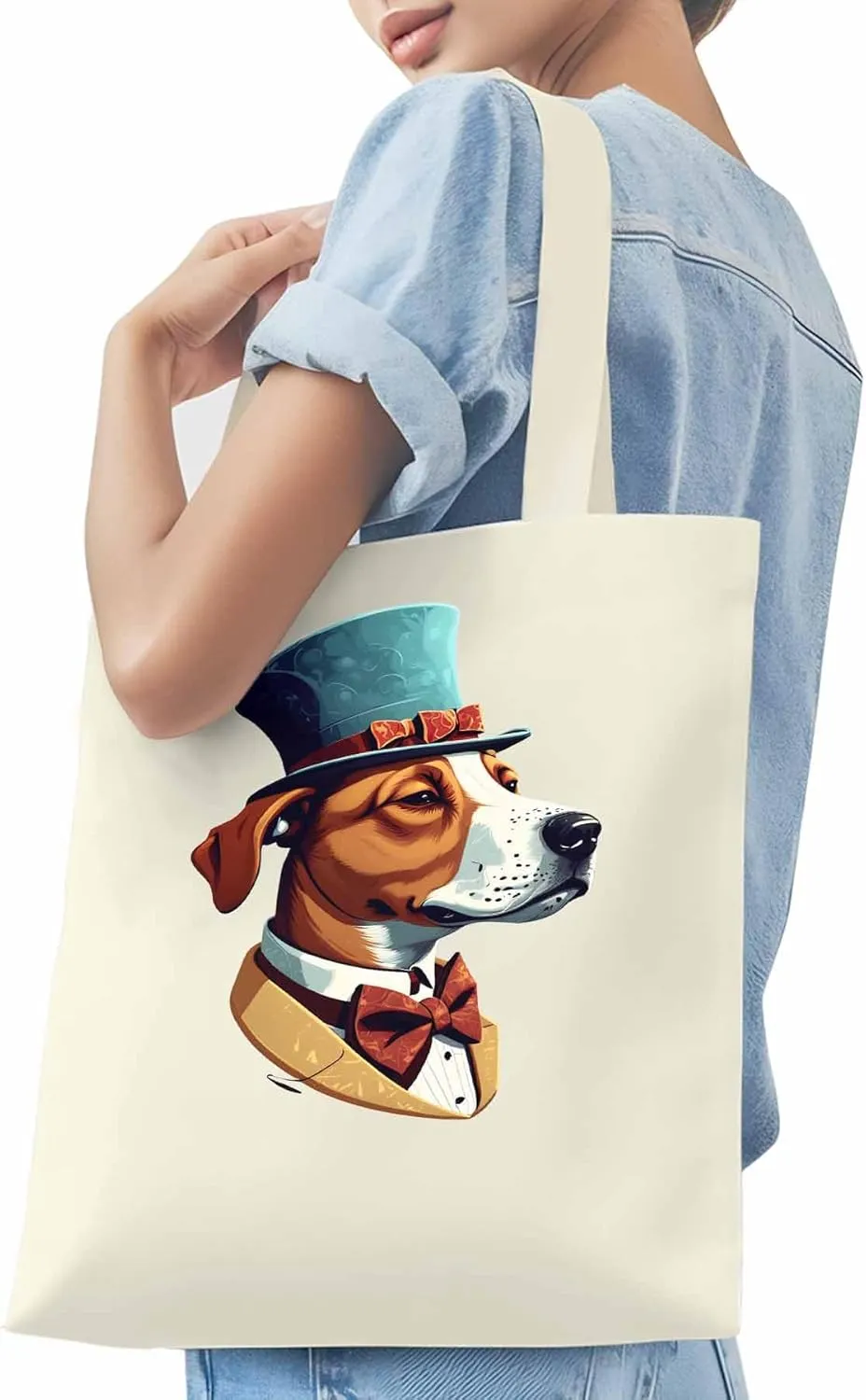 Canvas Tote Bag, Brown Dog with Hat Aesthetic Canvas Tote Handbags for Women Shoulder Bag,