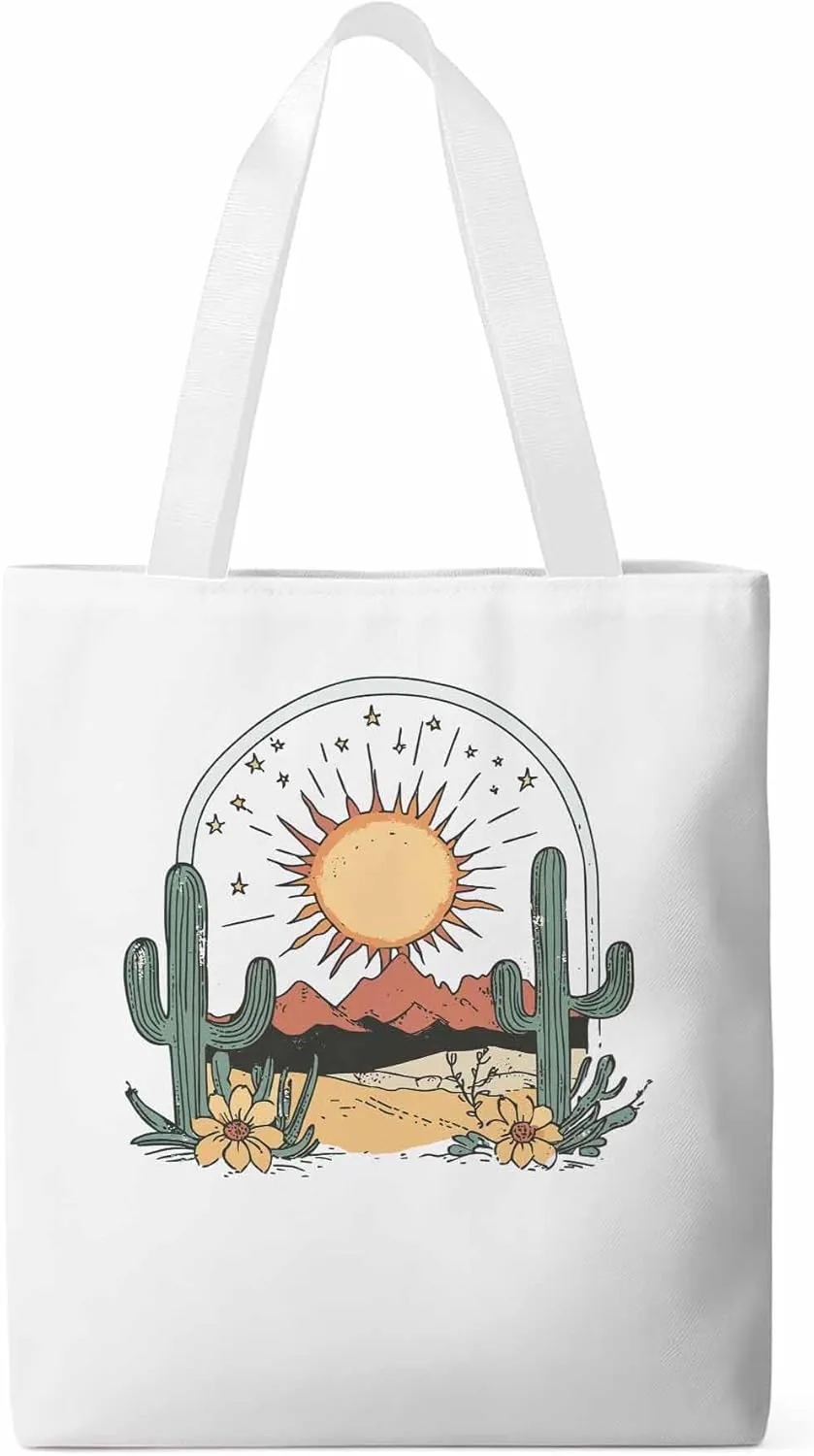 Canvas Tote Bag, Cactus Mountain Desert Floral Sun Aesthetic Canvas Tote Handbags for Women Shoulder Bag,