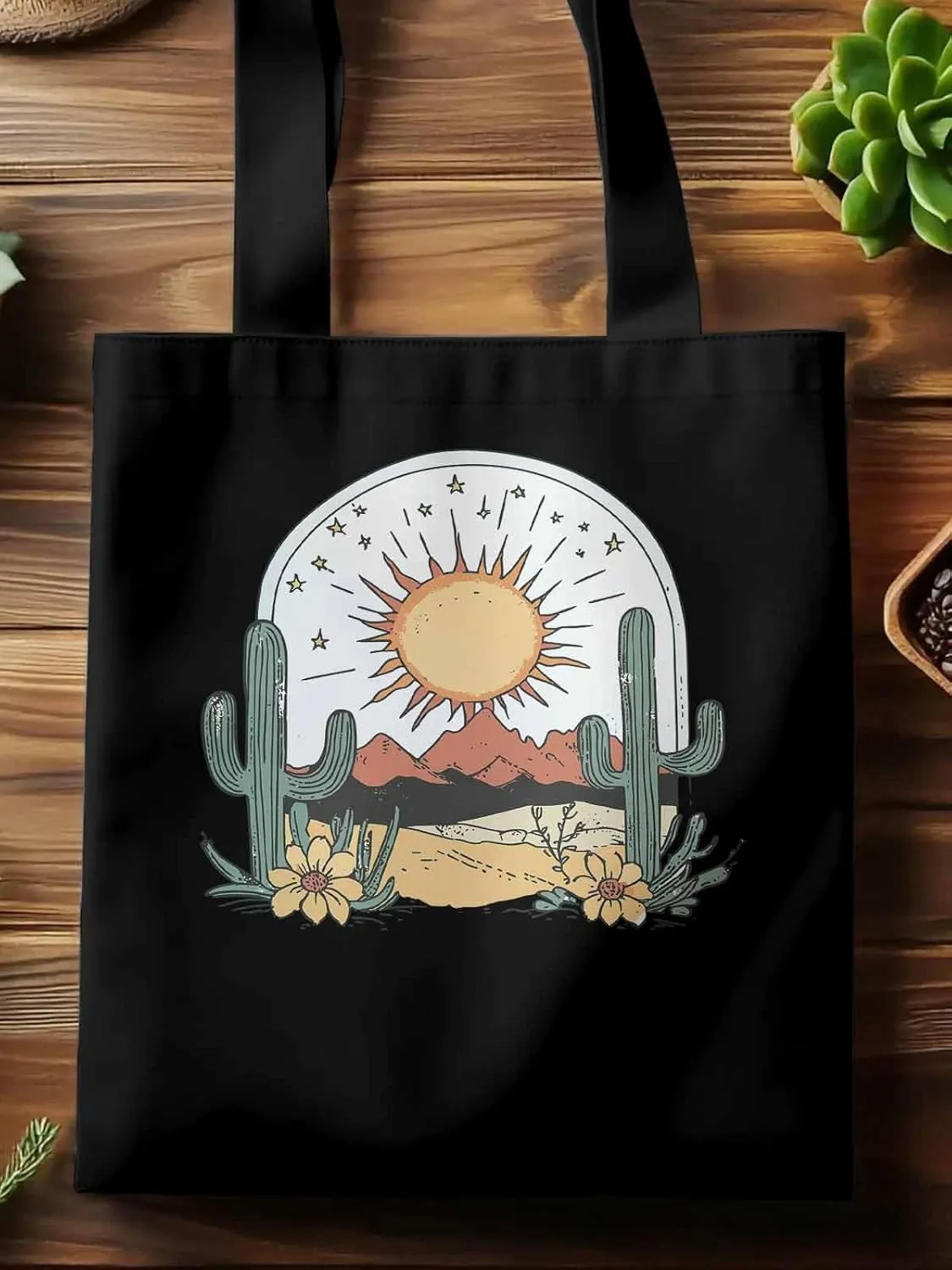 Canvas Tote Bag, Cactus Mountain Desert Floral Sun Aesthetic Canvas Tote Handbags for Women Shoulder Bag,