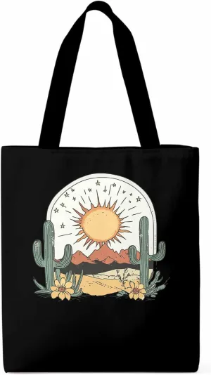 Canvas Tote Bag, Cactus Mountain Desert Floral Sun Aesthetic Canvas Tote Handbags for Women Shoulder Bag,