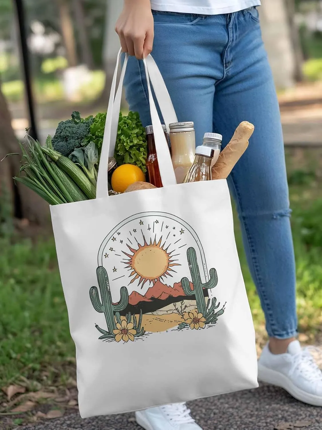 Canvas Tote Bag, Cactus Mountain Desert Floral Sun Aesthetic Canvas Tote Handbags for Women Shoulder Bag,