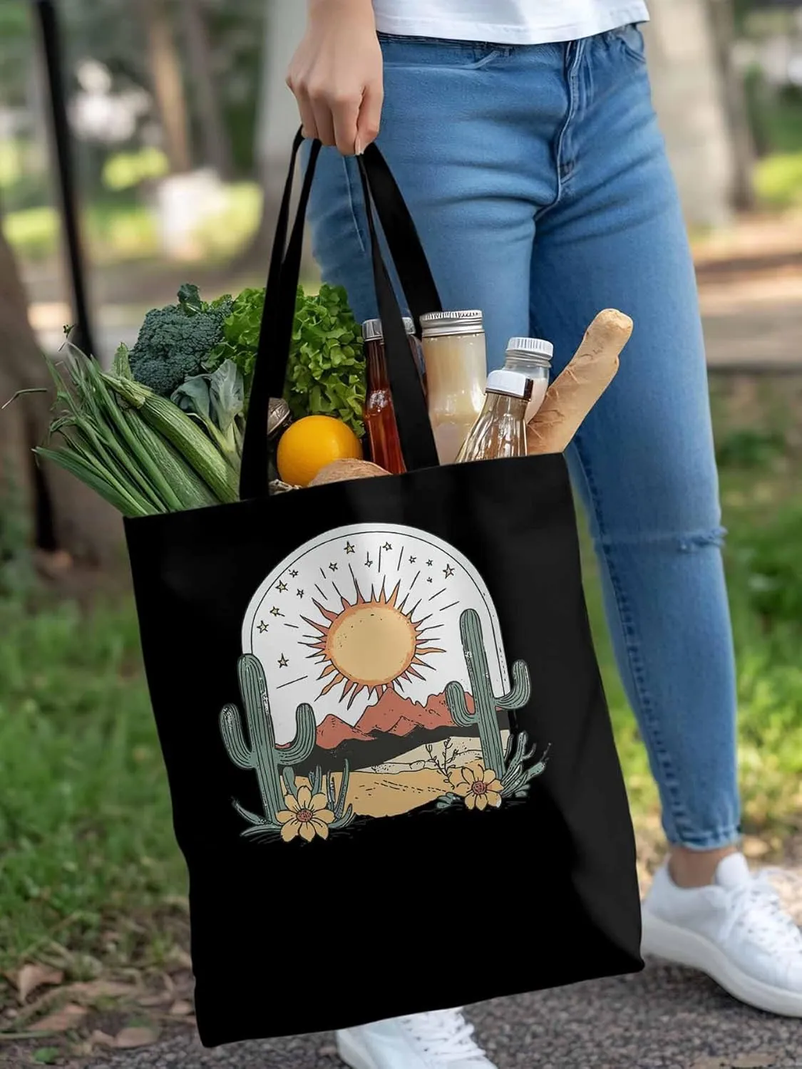 Canvas Tote Bag, Cactus Mountain Desert Floral Sun Aesthetic Canvas Tote Handbags for Women Shoulder Bag,