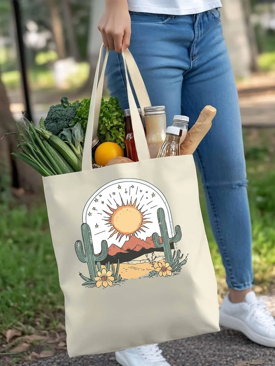 Canvas Tote Bag, Cactus Mountain Desert Floral Sun Aesthetic Canvas Tote Handbags for Women Shoulder Bag,
