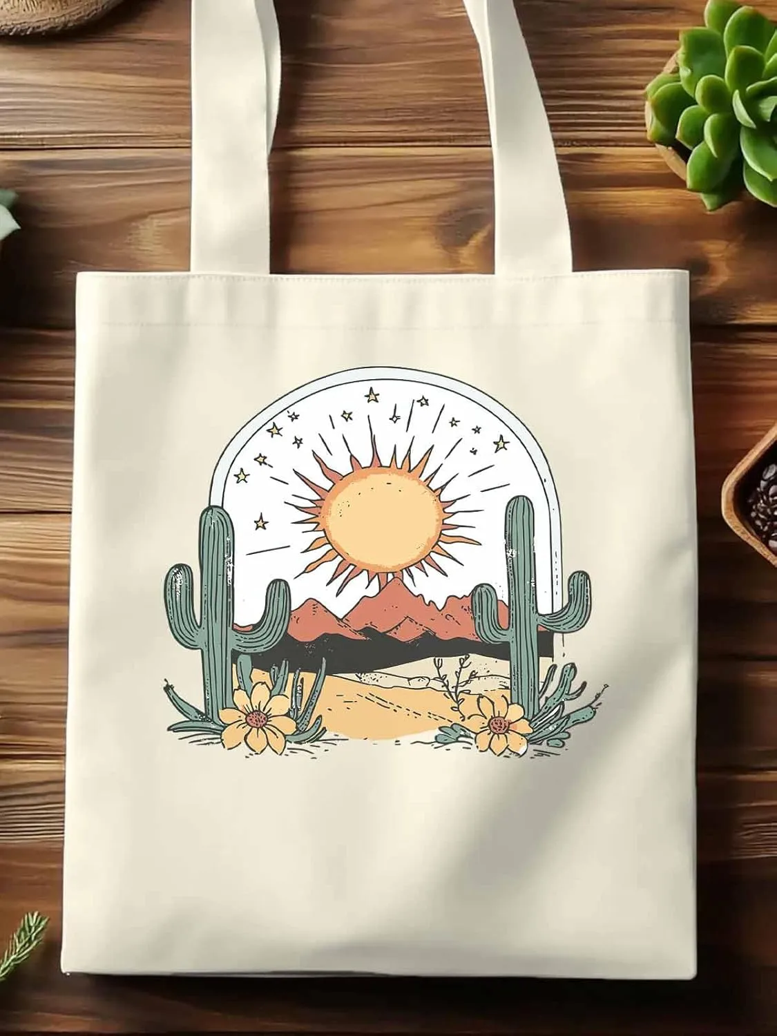 Canvas Tote Bag, Cactus Mountain Desert Floral Sun Aesthetic Canvas Tote Handbags for Women Shoulder Bag,