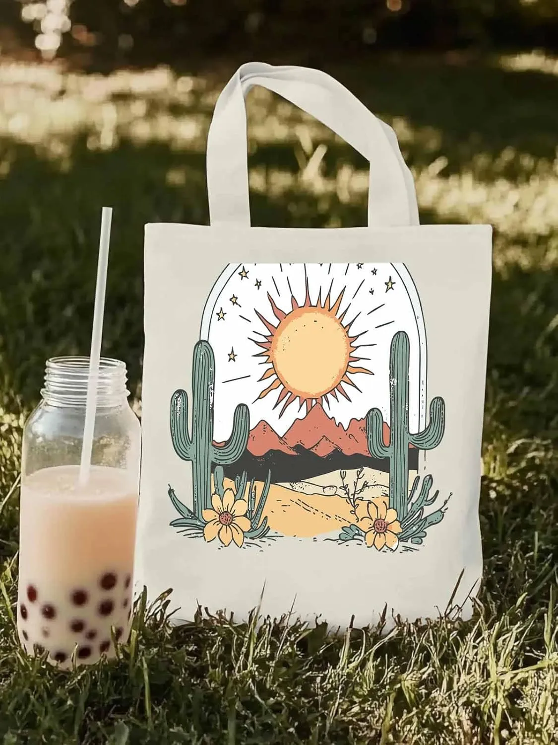 Canvas Tote Bag, Cactus Mountain Desert Floral Sun Aesthetic Canvas Tote Handbags for Women Shoulder Bag,