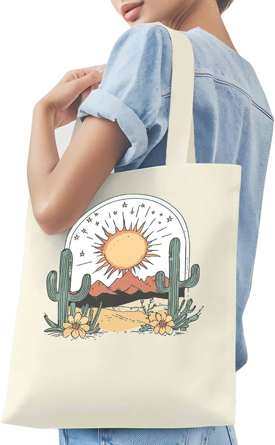Canvas Tote Bag, Cactus Mountain Desert Floral Sun Aesthetic Canvas Tote Handbags for Women Shoulder Bag,