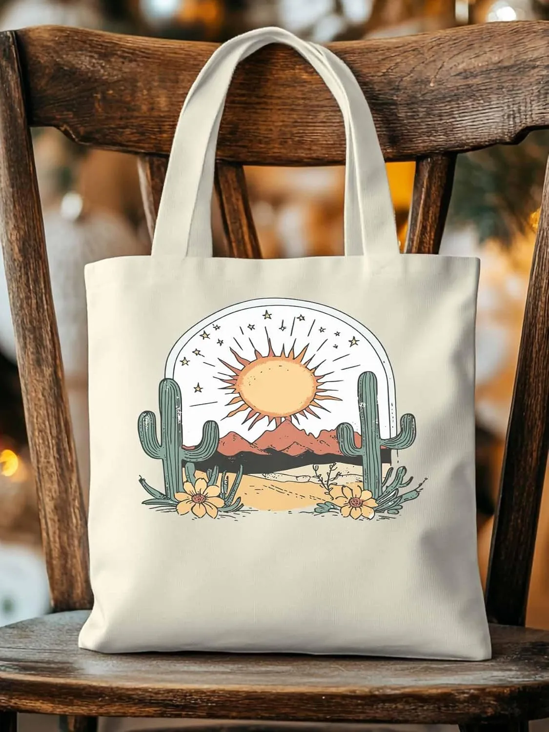 Canvas Tote Bag, Cactus Mountain Desert Floral Sun Aesthetic Canvas Tote Handbags for Women Shoulder Bag,