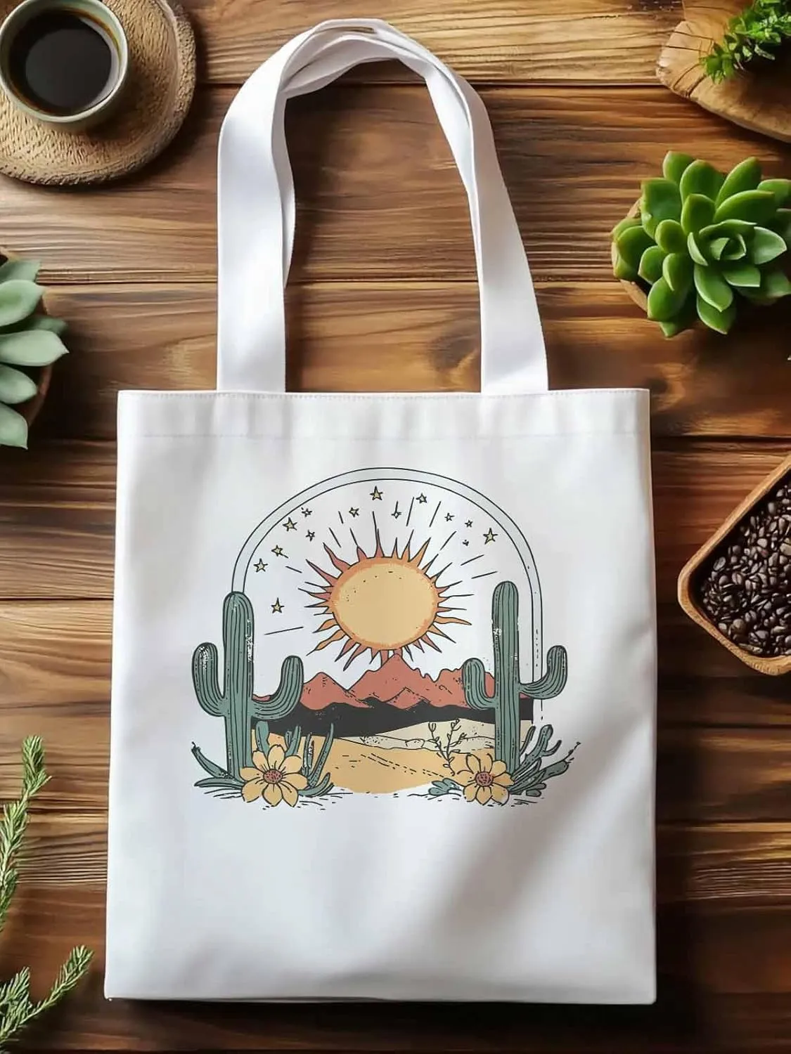 Canvas Tote Bag, Cactus Mountain Desert Floral Sun Aesthetic Canvas Tote Handbags for Women Shoulder Bag,