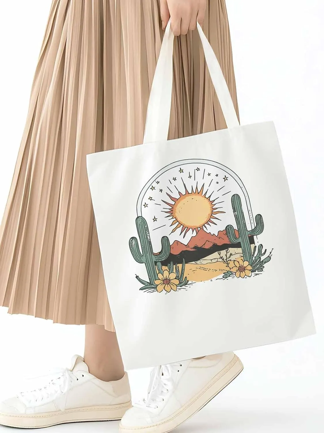 Canvas Tote Bag, Cactus Mountain Desert Floral Sun Aesthetic Canvas Tote Handbags for Women Shoulder Bag,