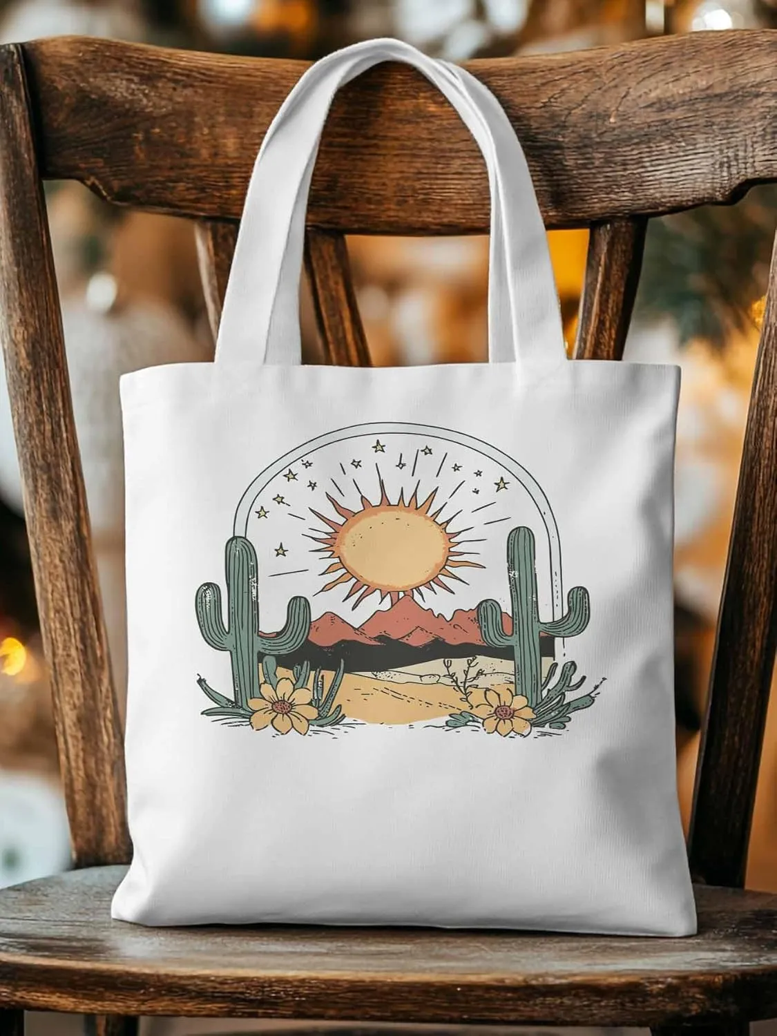 Canvas Tote Bag, Cactus Mountain Desert Floral Sun Aesthetic Canvas Tote Handbags for Women Shoulder Bag,