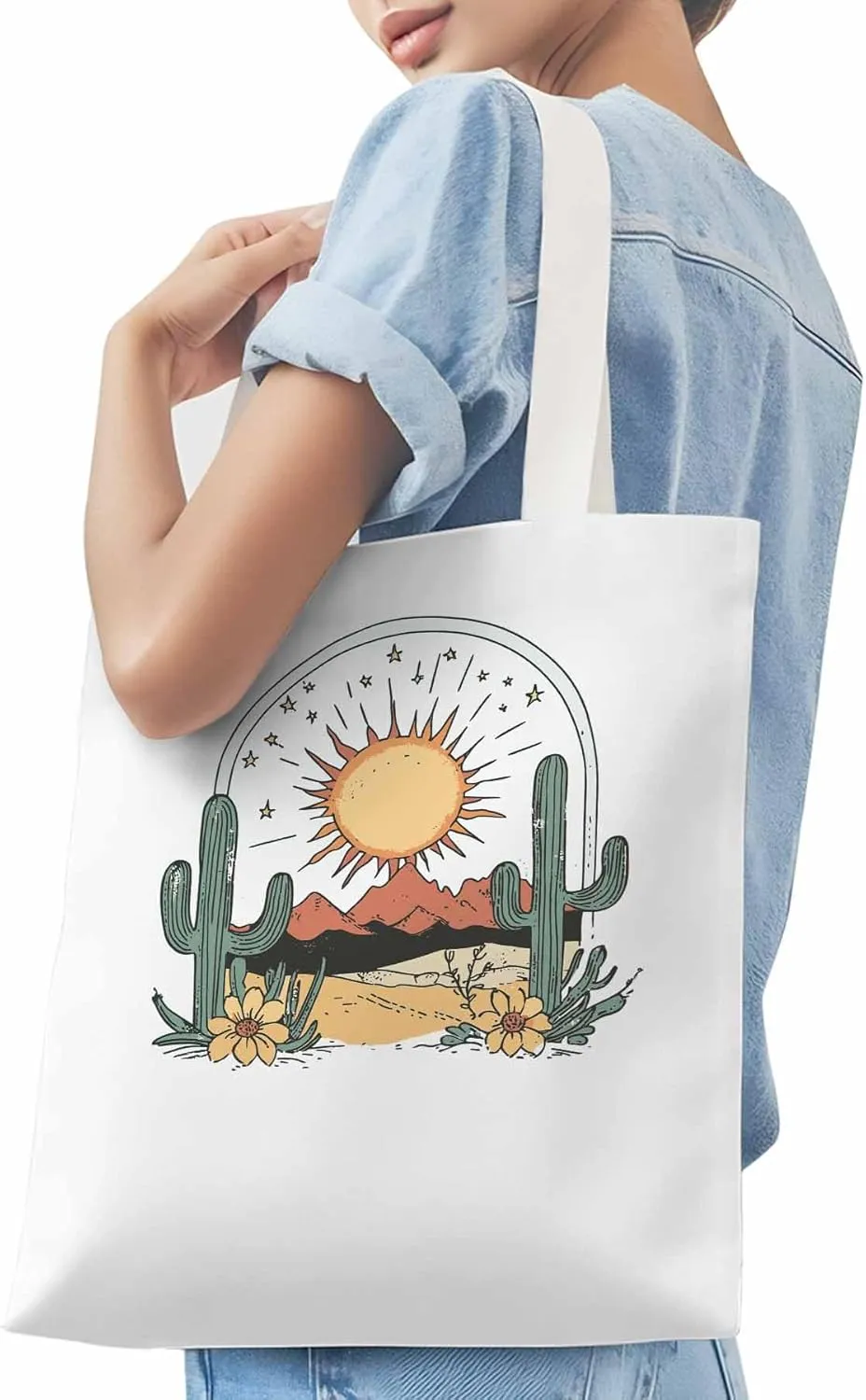 Canvas Tote Bag, Cactus Mountain Desert Floral Sun Aesthetic Canvas Tote Handbags for Women Shoulder Bag,