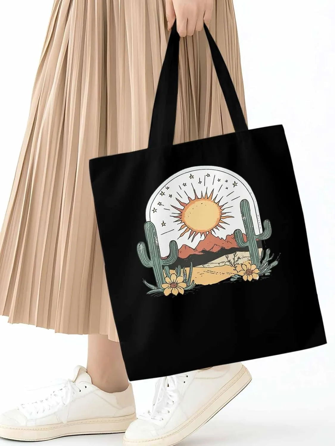 Canvas Tote Bag, Cactus Mountain Desert Floral Sun Aesthetic Canvas Tote Handbags for Women Shoulder Bag,