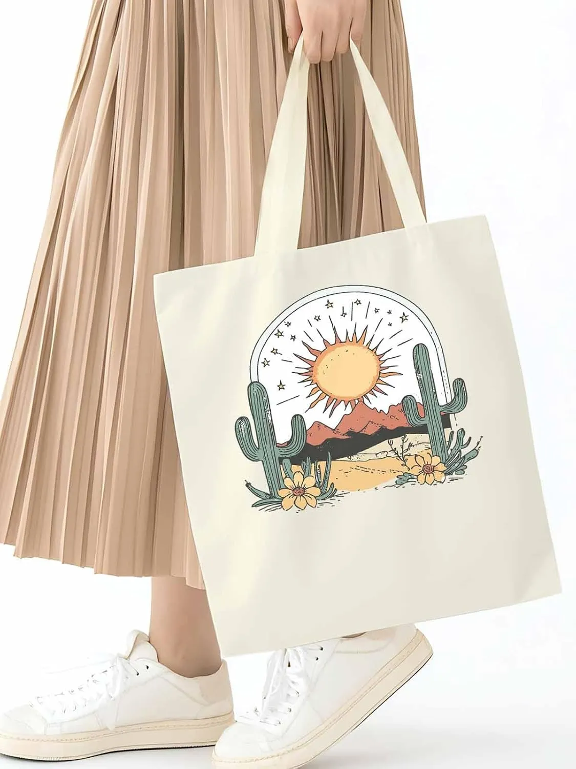 Canvas Tote Bag, Cactus Mountain Desert Floral Sun Aesthetic Canvas Tote Handbags for Women Shoulder Bag,