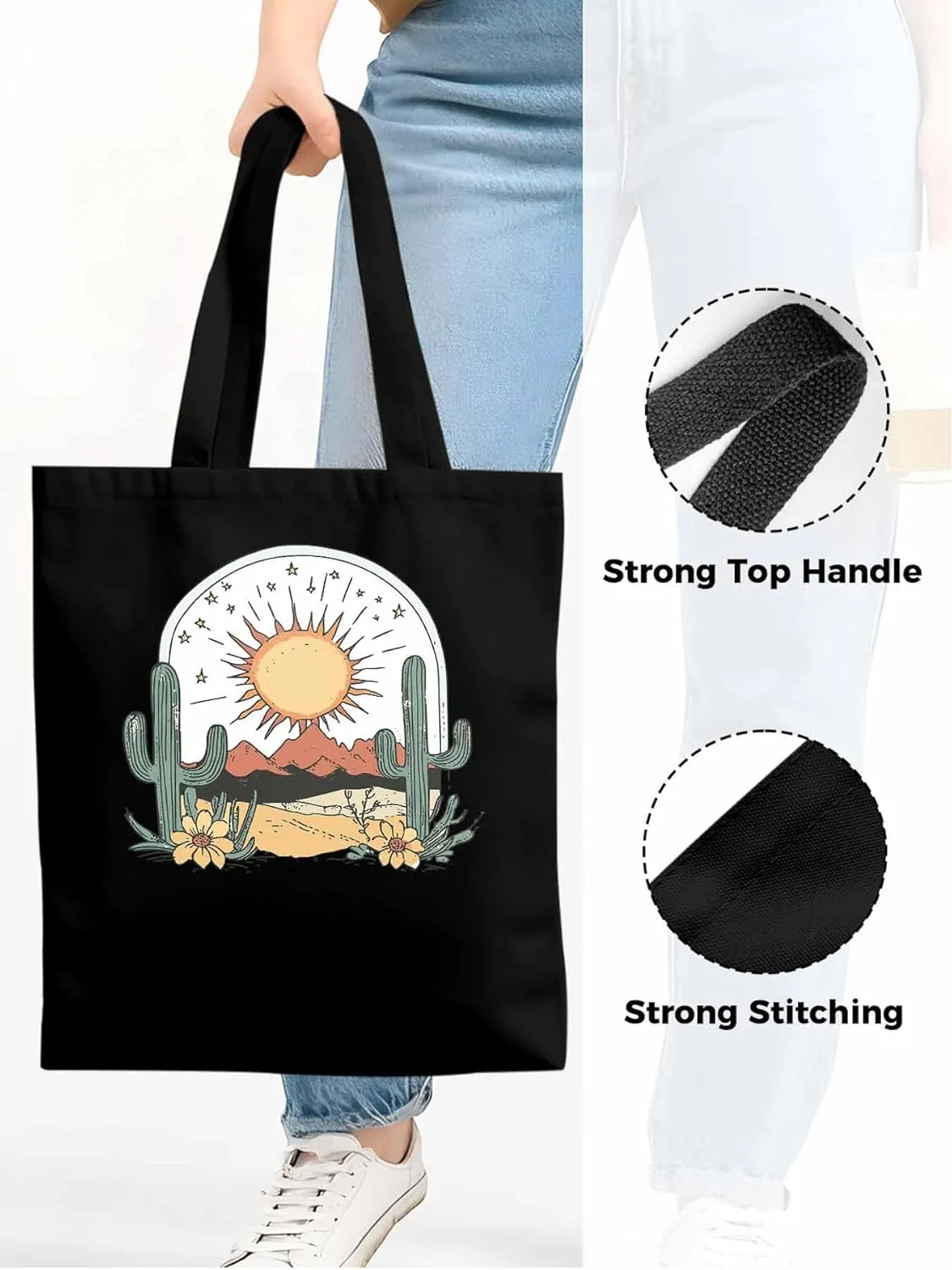 Canvas Tote Bag, Cactus Mountain Desert Floral Sun Aesthetic Canvas Tote Handbags for Women Shoulder Bag,