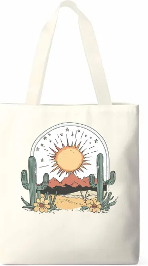 Canvas Tote Bag, Cactus Mountain Desert Floral Sun Aesthetic Canvas Tote Handbags for Women Shoulder Bag,