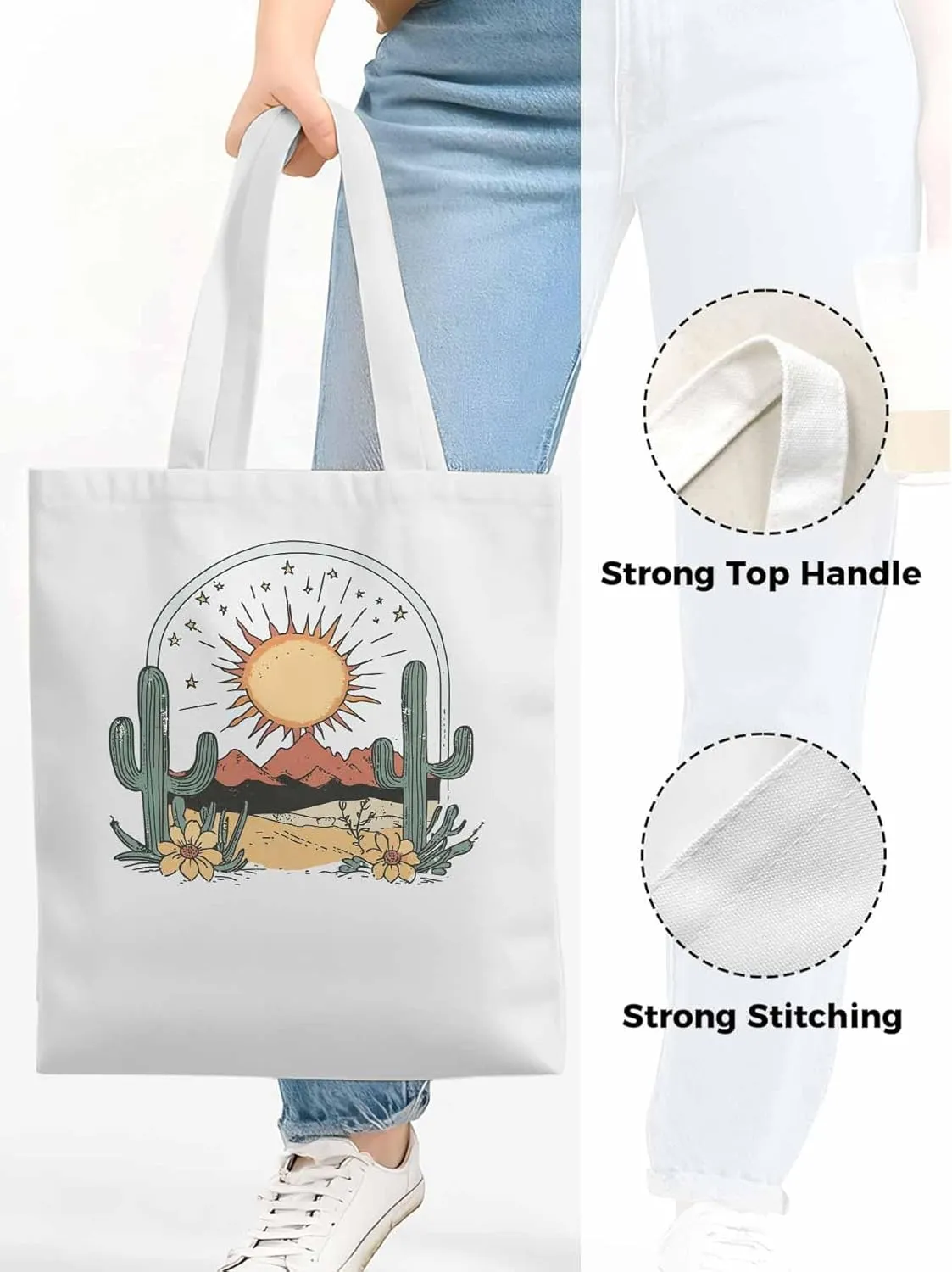 Canvas Tote Bag, Cactus Mountain Desert Floral Sun Aesthetic Canvas Tote Handbags for Women Shoulder Bag,