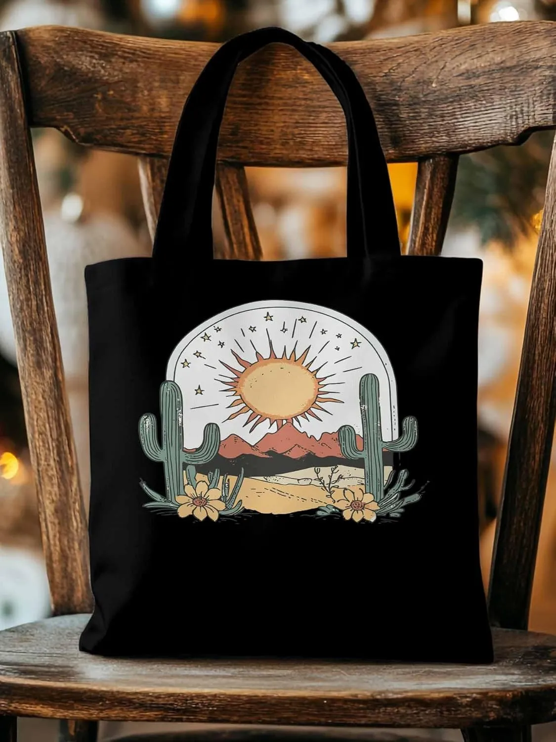 Canvas Tote Bag, Cactus Mountain Desert Floral Sun Aesthetic Canvas Tote Handbags for Women Shoulder Bag,