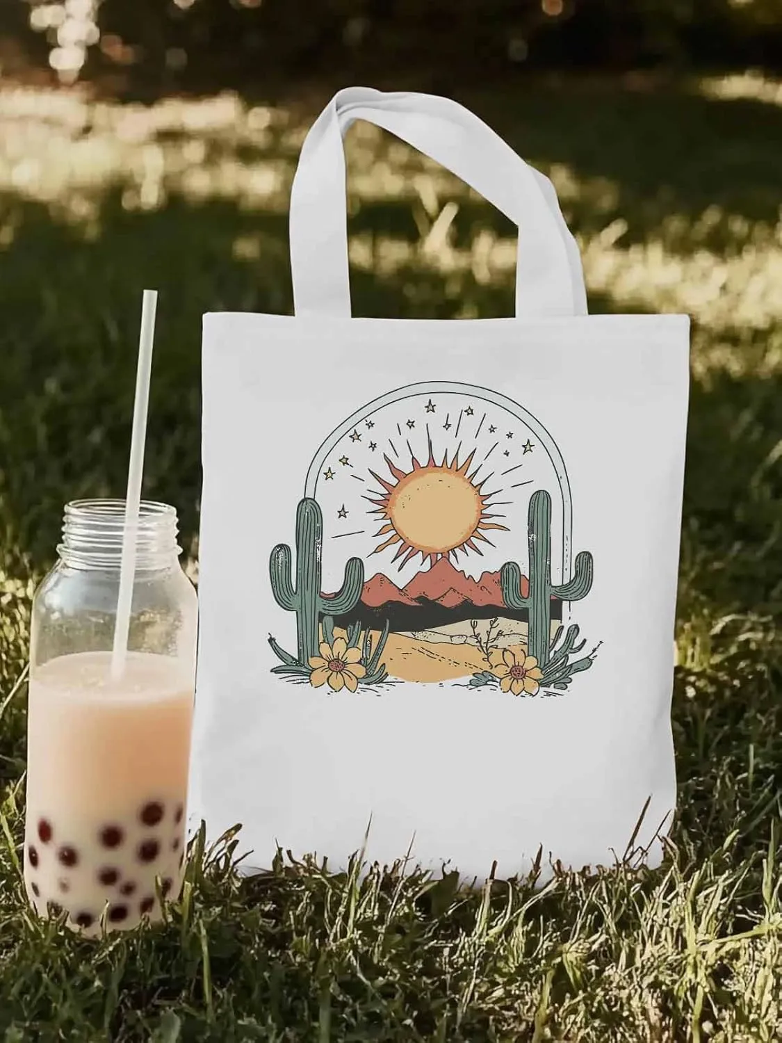 Canvas Tote Bag, Cactus Mountain Desert Floral Sun Aesthetic Canvas Tote Handbags for Women Shoulder Bag,