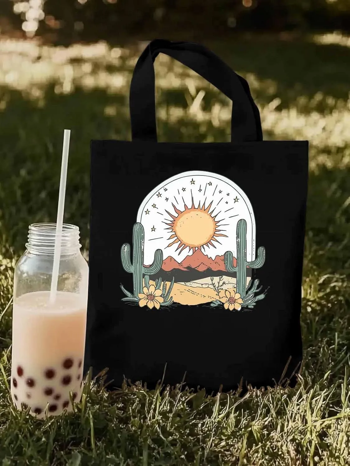 Canvas Tote Bag, Cactus Mountain Desert Floral Sun Aesthetic Canvas Tote Handbags for Women Shoulder Bag,