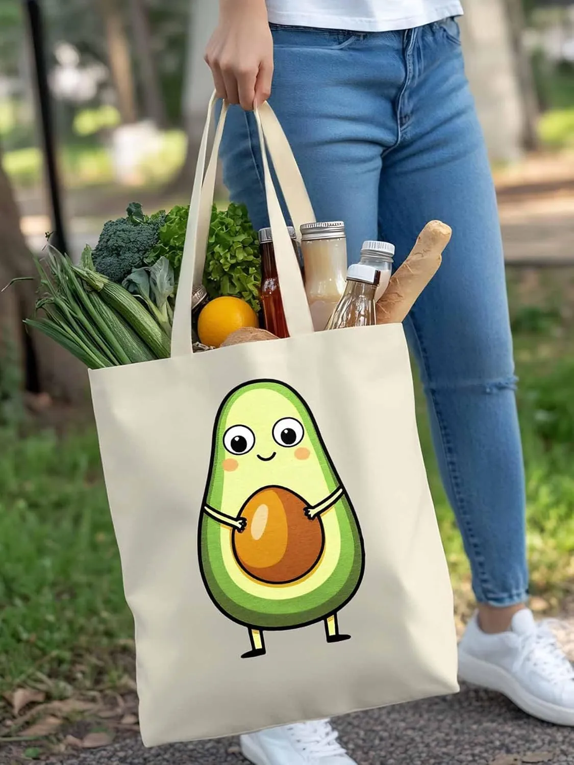 Canvas Tote Bag, Cartoon Avocado Print Aesthetic Canvas Tote Handbags for Women Shoulder Bag,