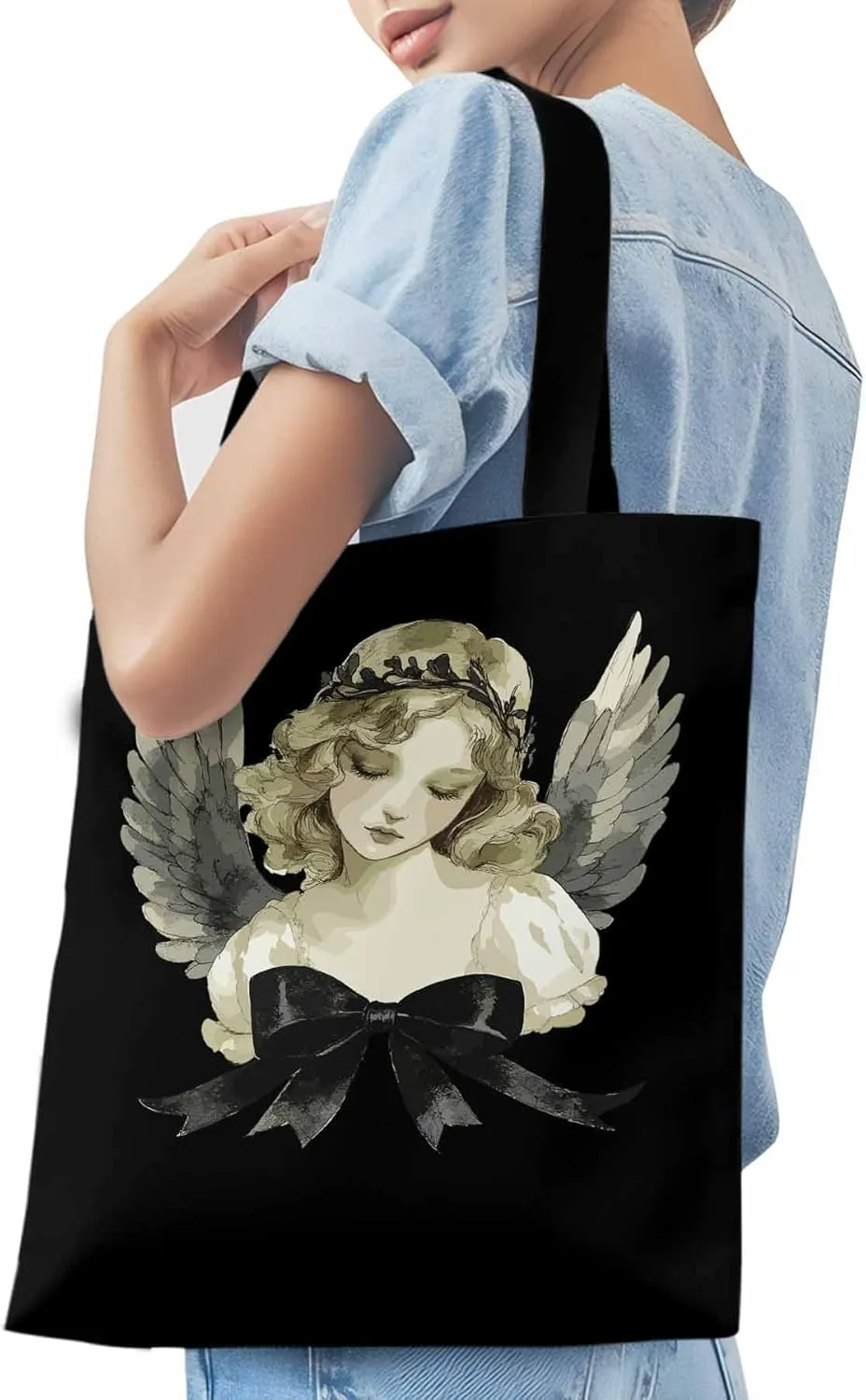 Canvas Tote Bag, Cartoon Closed Eyes Angels Aesthetic Canvas Tote Handbags for Women Shoulder Bag