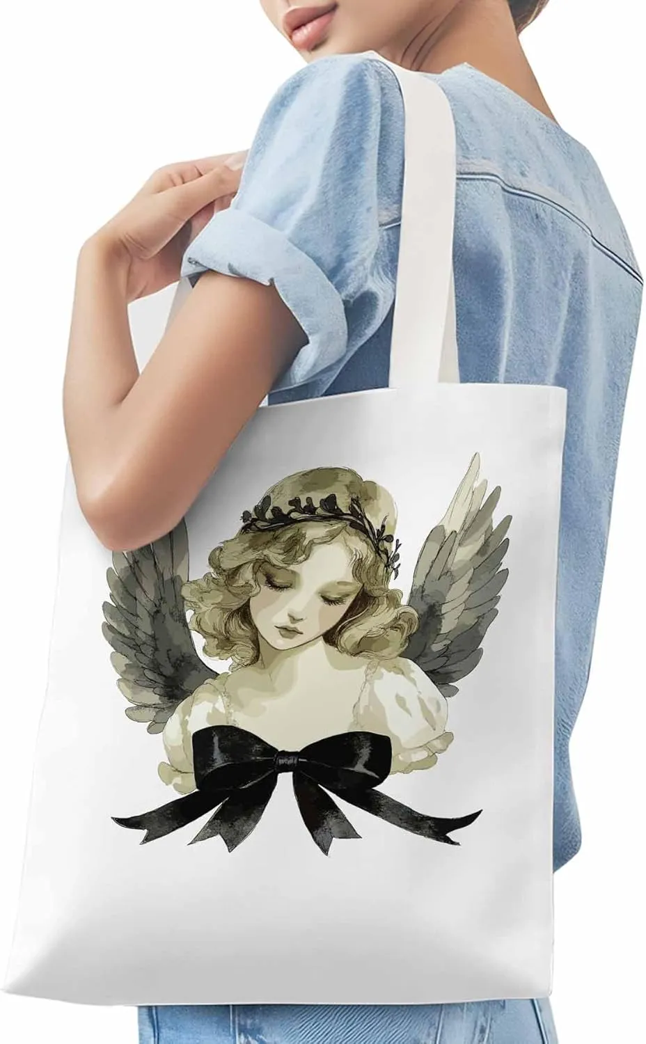 Canvas Tote Bag, Cartoon Closed Eyes Angels Aesthetic Canvas Tote Handbags for Women Shoulder Bag
