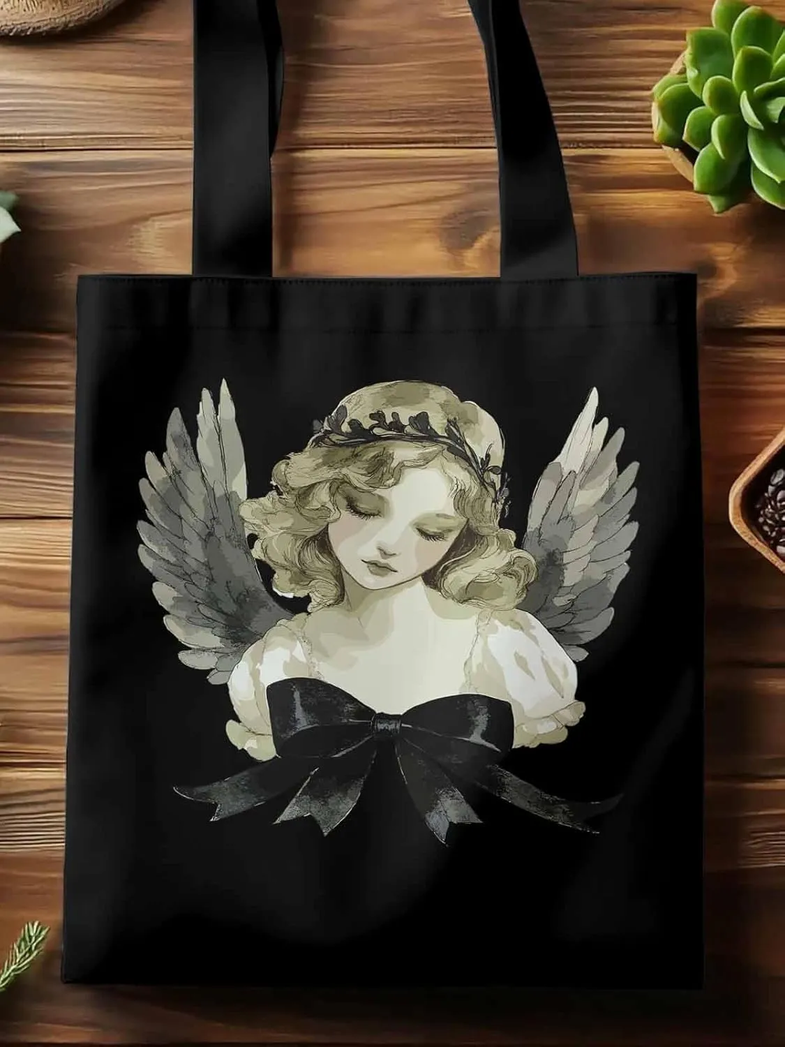 Canvas Tote Bag, Cartoon Closed Eyes Angels Aesthetic Canvas Tote Handbags for Women Shoulder Bag