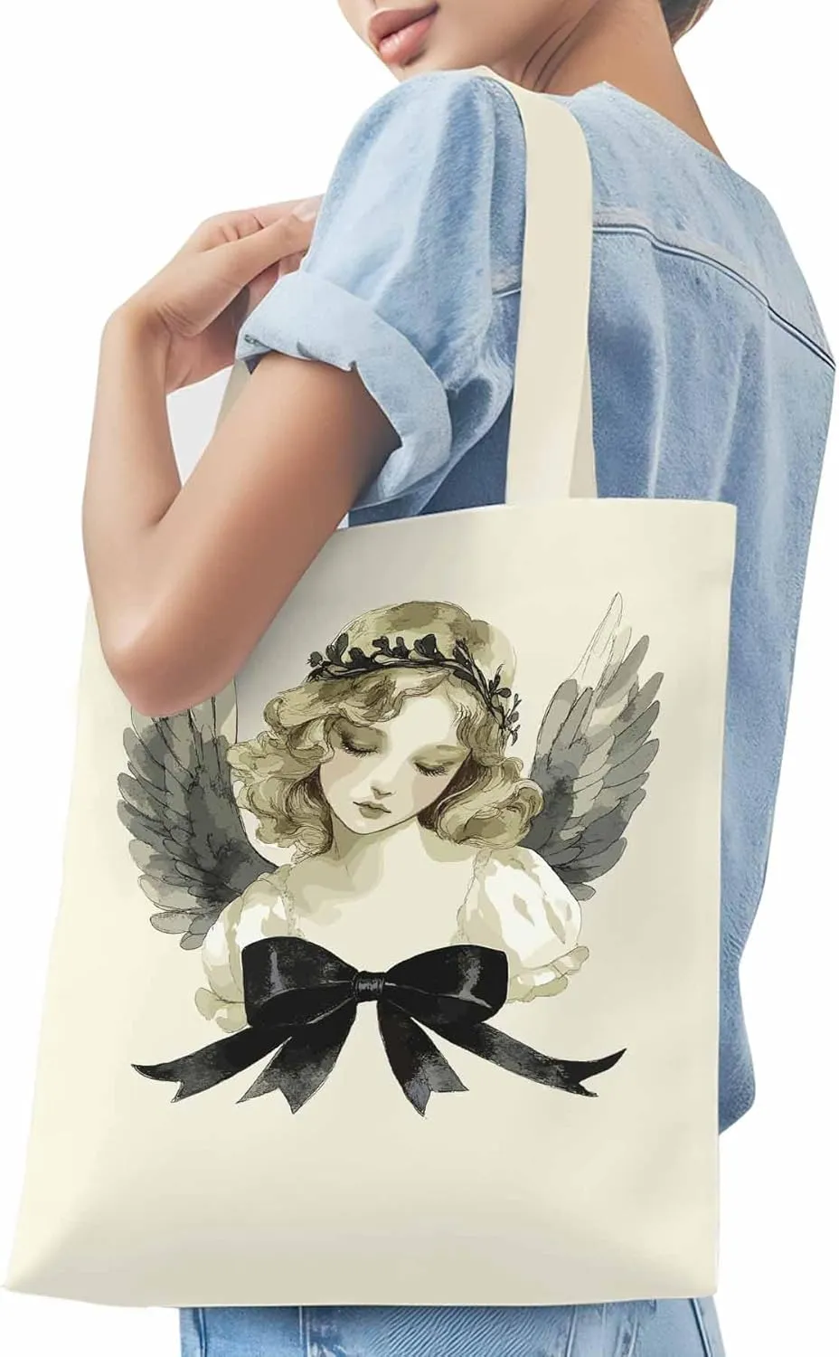Canvas Tote Bag, Cartoon Closed Eyes Angels Aesthetic Canvas Tote Handbags for Women Shoulder Bag