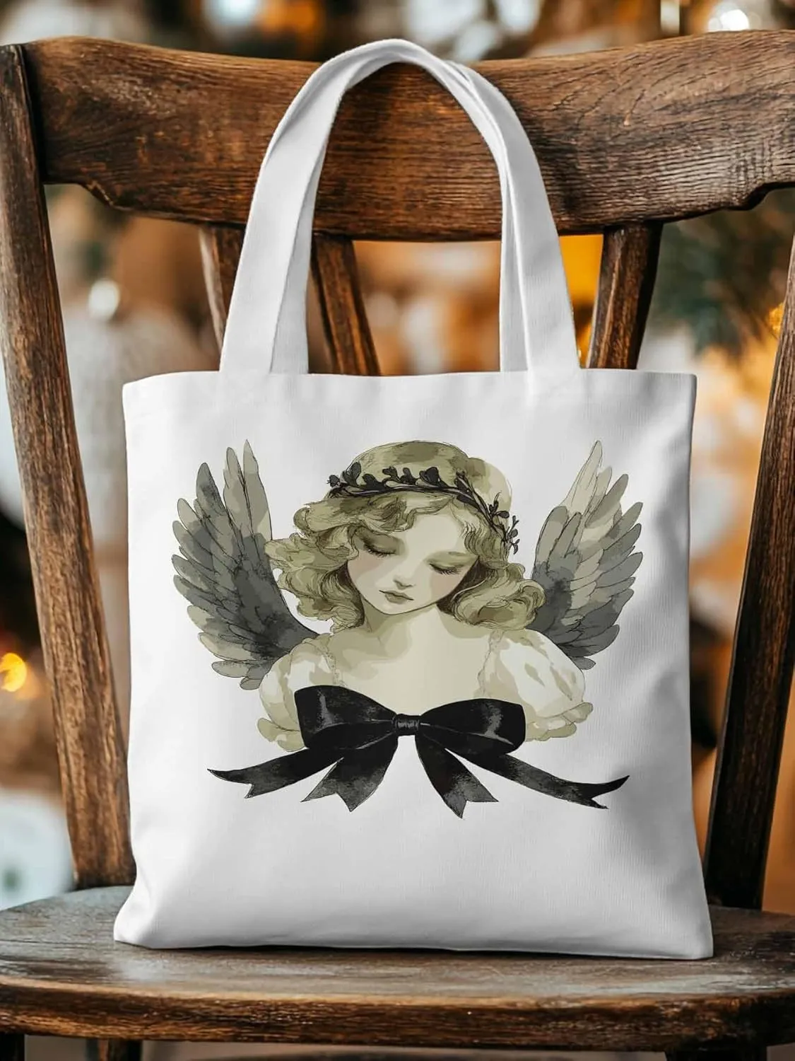 Canvas Tote Bag, Cartoon Closed Eyes Angels Aesthetic Canvas Tote Handbags for Women Shoulder Bag