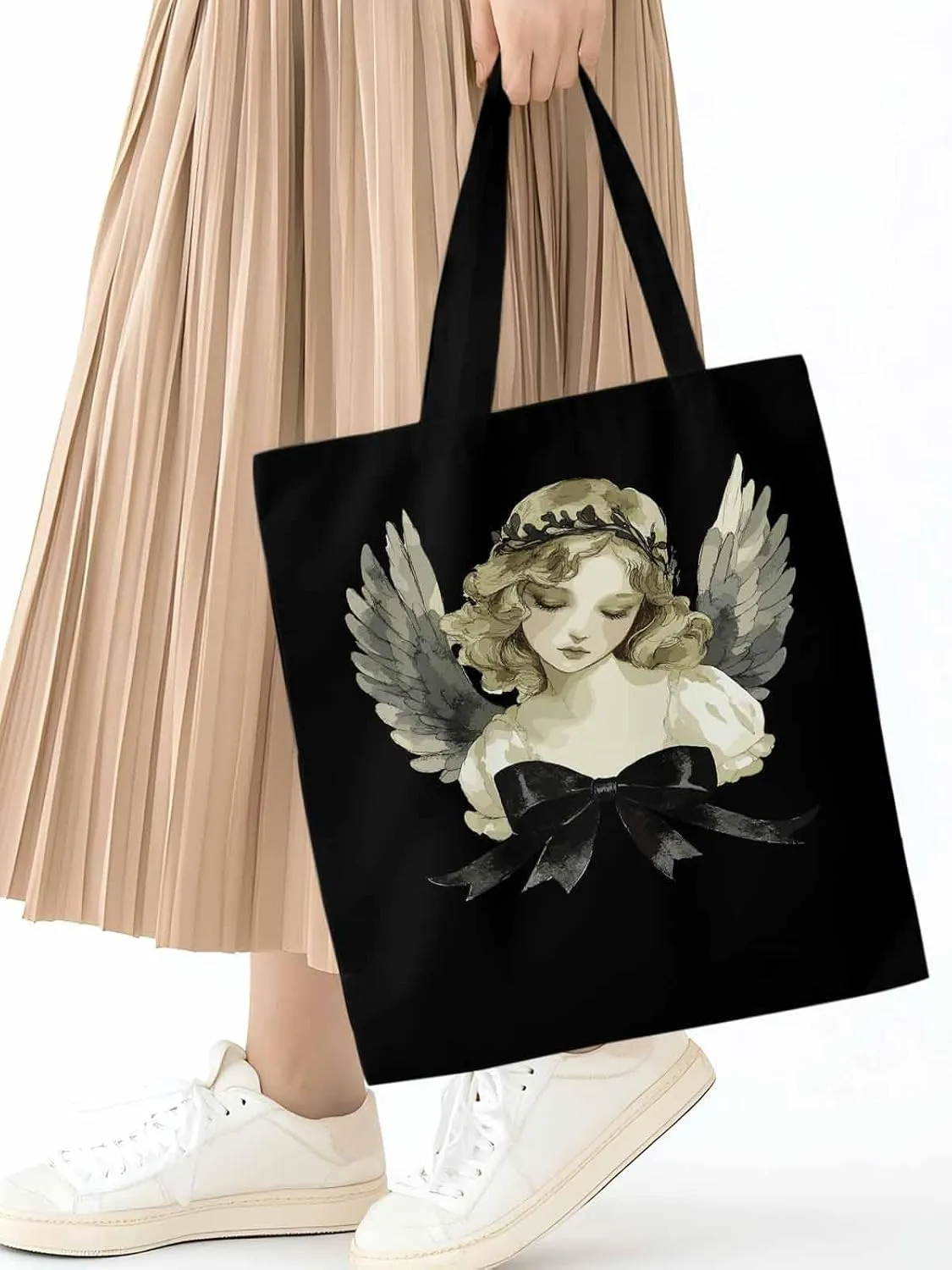 Canvas Tote Bag, Cartoon Closed Eyes Angels Aesthetic Canvas Tote Handbags for Women Shoulder Bag