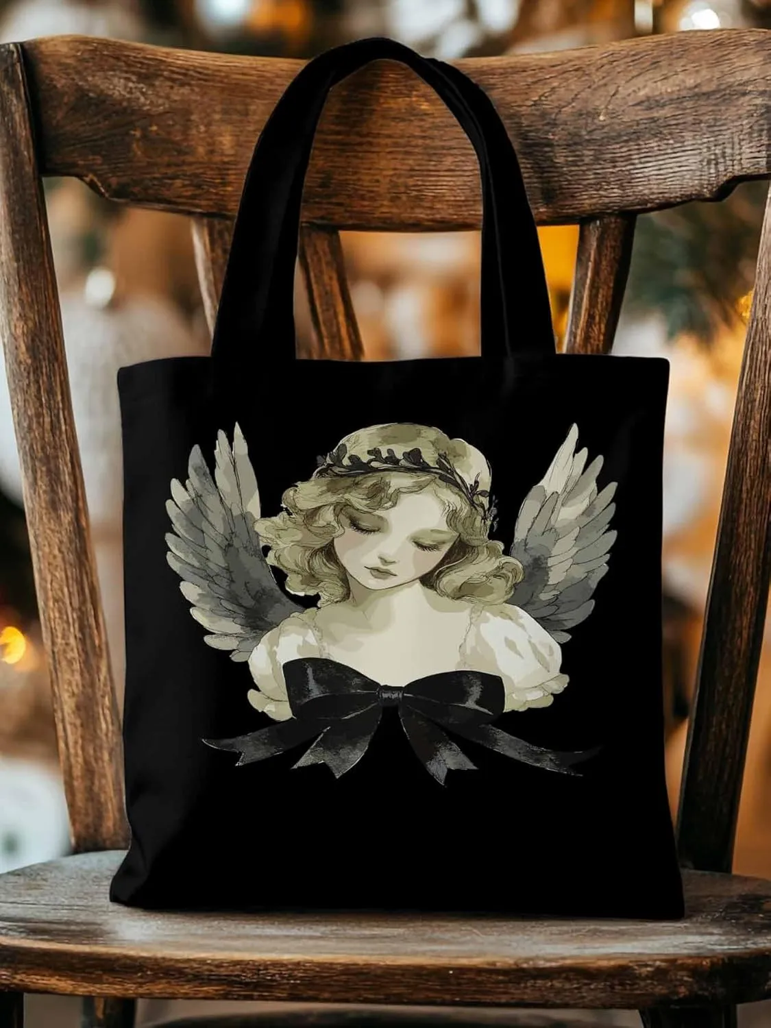 Canvas Tote Bag, Cartoon Closed Eyes Angels Aesthetic Canvas Tote Handbags for Women Shoulder Bag