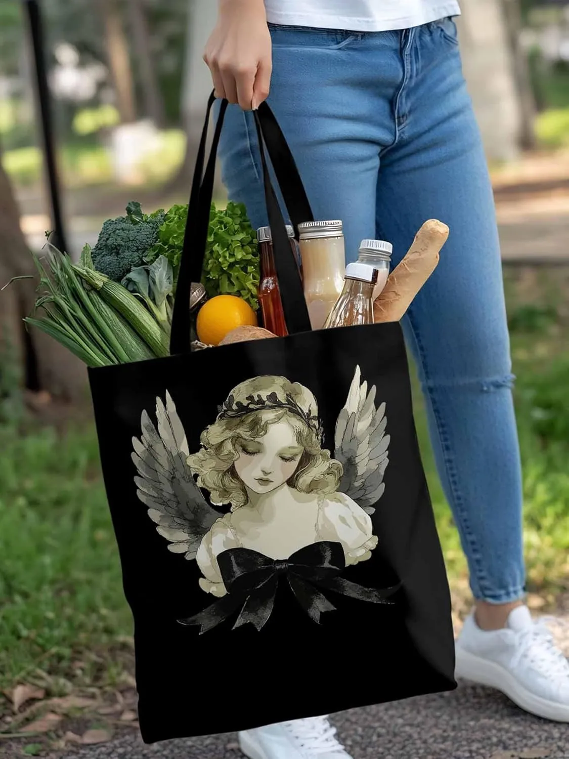 Canvas Tote Bag, Cartoon Closed Eyes Angels Aesthetic Canvas Tote Handbags for Women Shoulder Bag