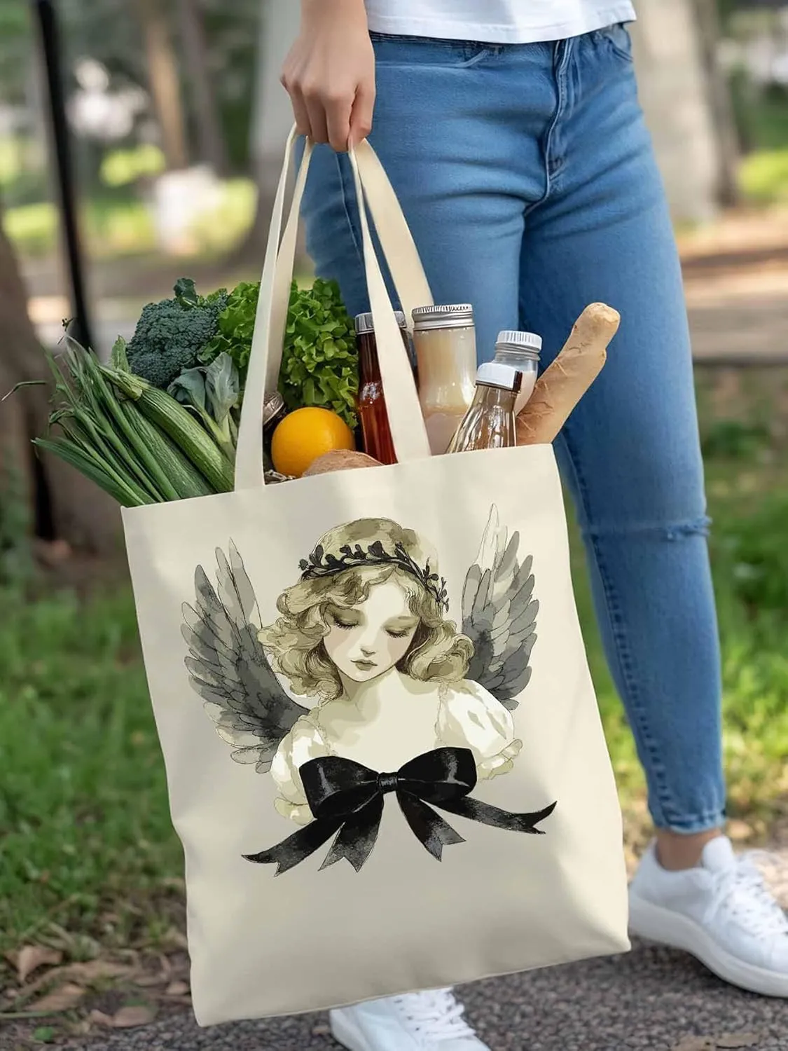 Canvas Tote Bag, Cartoon Closed Eyes Angels Aesthetic Canvas Tote Handbags for Women Shoulder Bag