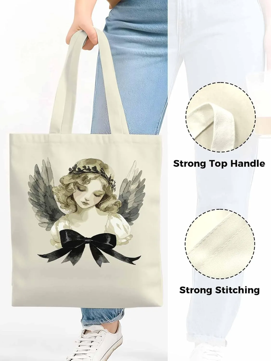 Canvas Tote Bag, Cartoon Closed Eyes Angels Aesthetic Canvas Tote Handbags for Women Shoulder Bag