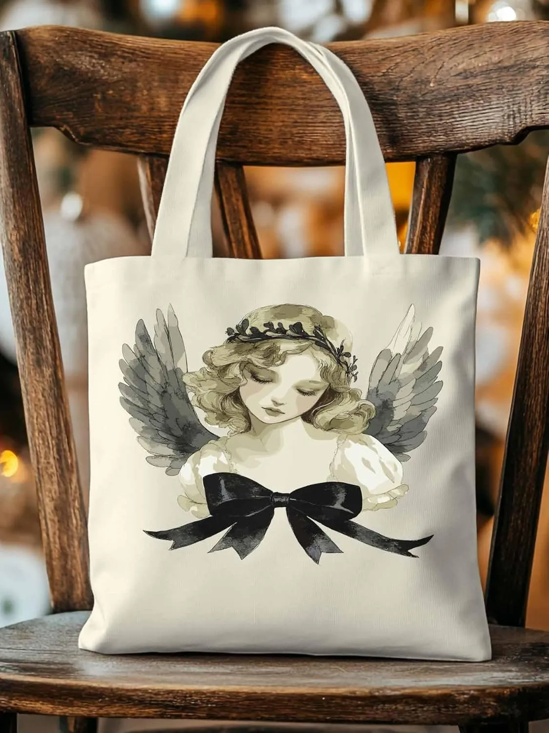 Canvas Tote Bag, Cartoon Closed Eyes Angels Aesthetic Canvas Tote Handbags for Women Shoulder Bag