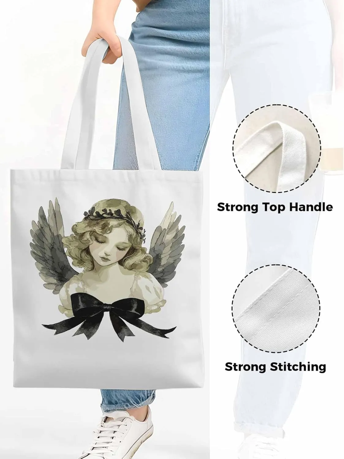 Canvas Tote Bag, Cartoon Closed Eyes Angels Aesthetic Canvas Tote Handbags for Women Shoulder Bag