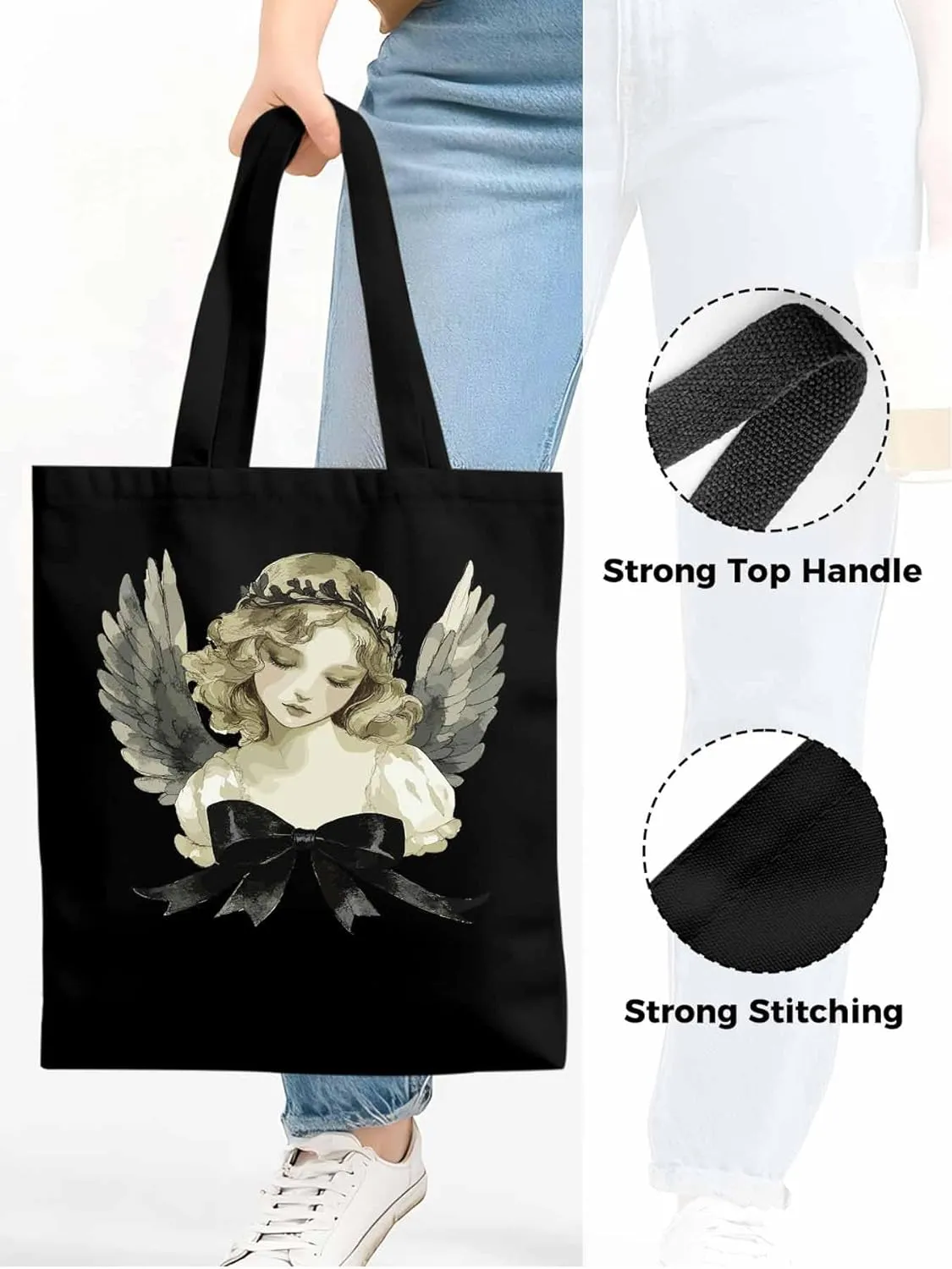 Canvas Tote Bag, Cartoon Closed Eyes Angels Aesthetic Canvas Tote Handbags for Women Shoulder Bag