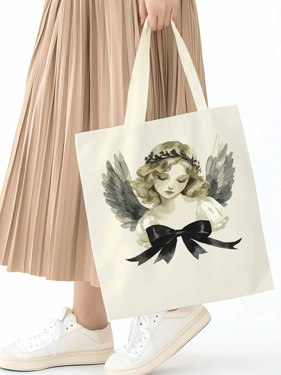 Canvas Tote Bag, Cartoon Closed Eyes Angels Aesthetic Canvas Tote Handbags for Women Shoulder Bag