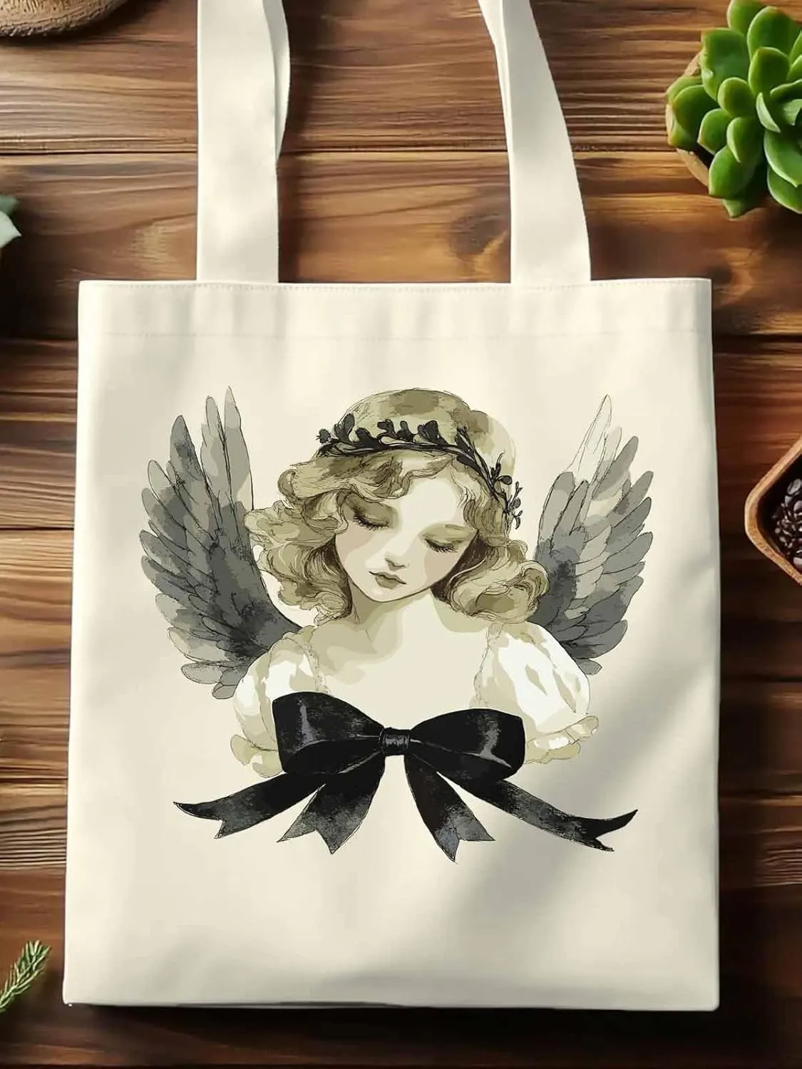 Canvas Tote Bag, Cartoon Closed Eyes Angels Aesthetic Canvas Tote Handbags for Women Shoulder Bag