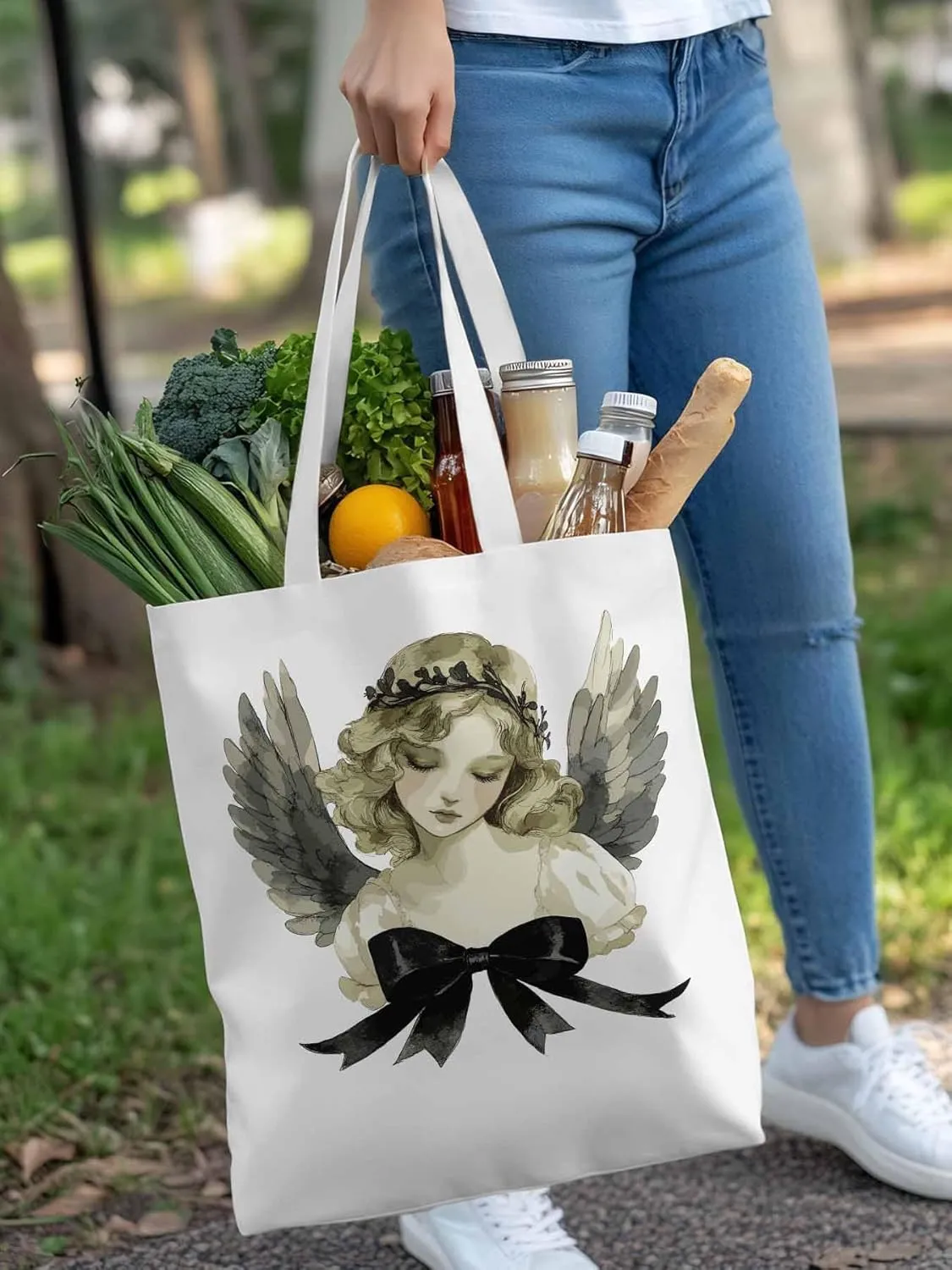 Canvas Tote Bag, Cartoon Closed Eyes Angels Aesthetic Canvas Tote Handbags for Women Shoulder Bag