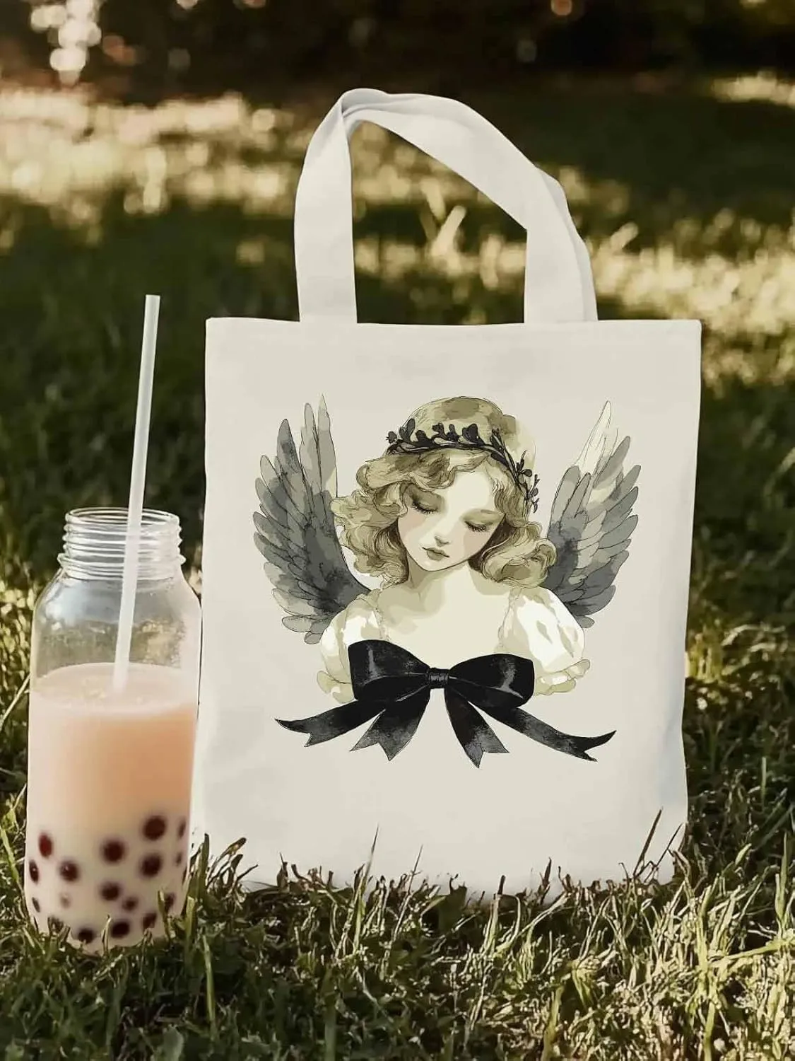 Canvas Tote Bag, Cartoon Closed Eyes Angels Aesthetic Canvas Tote Handbags for Women Shoulder Bag