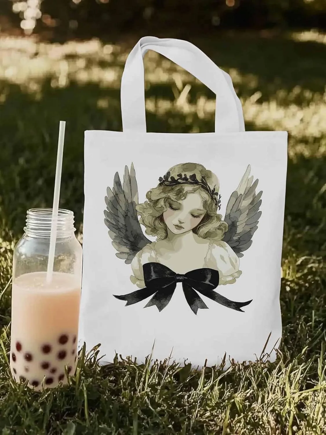 Canvas Tote Bag, Cartoon Closed Eyes Angels Aesthetic Canvas Tote Handbags for Women Shoulder Bag