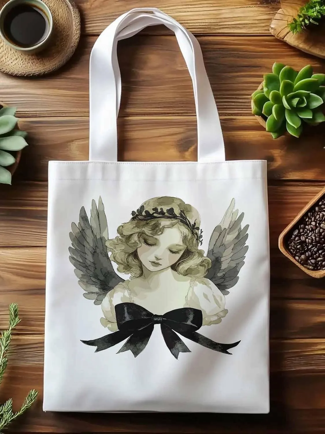 Canvas Tote Bag, Cartoon Closed Eyes Angels Aesthetic Canvas Tote Handbags for Women Shoulder Bag