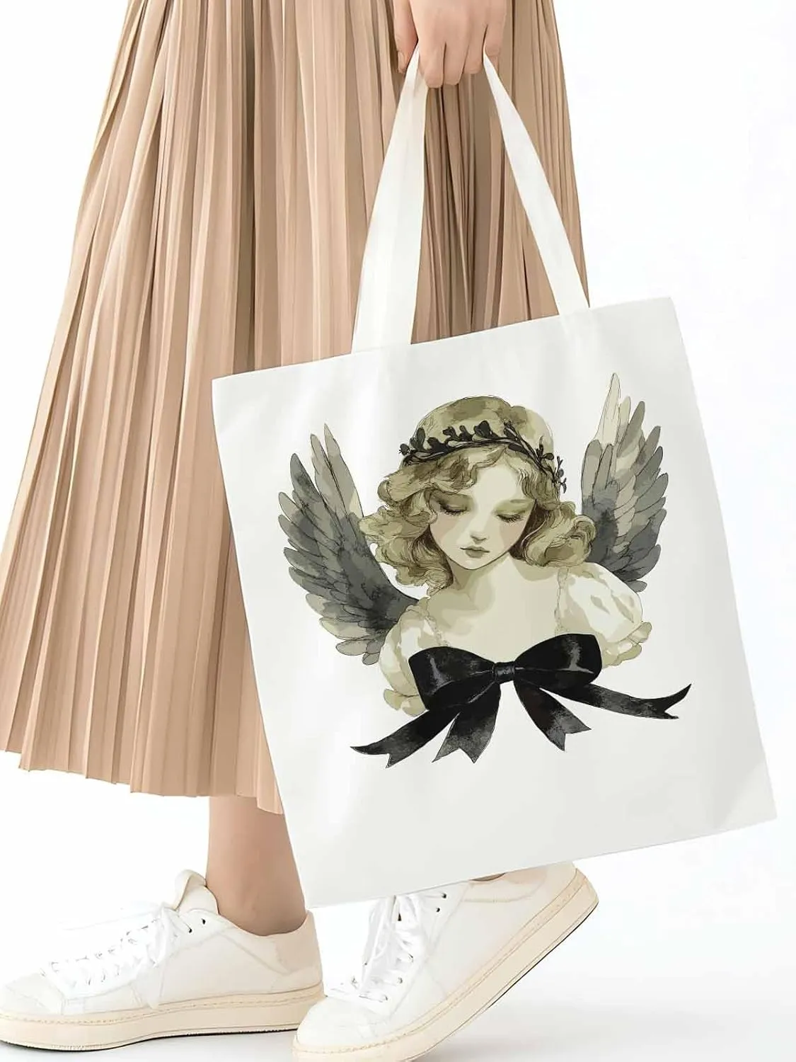 Canvas Tote Bag, Cartoon Closed Eyes Angels Aesthetic Canvas Tote Handbags for Women Shoulder Bag