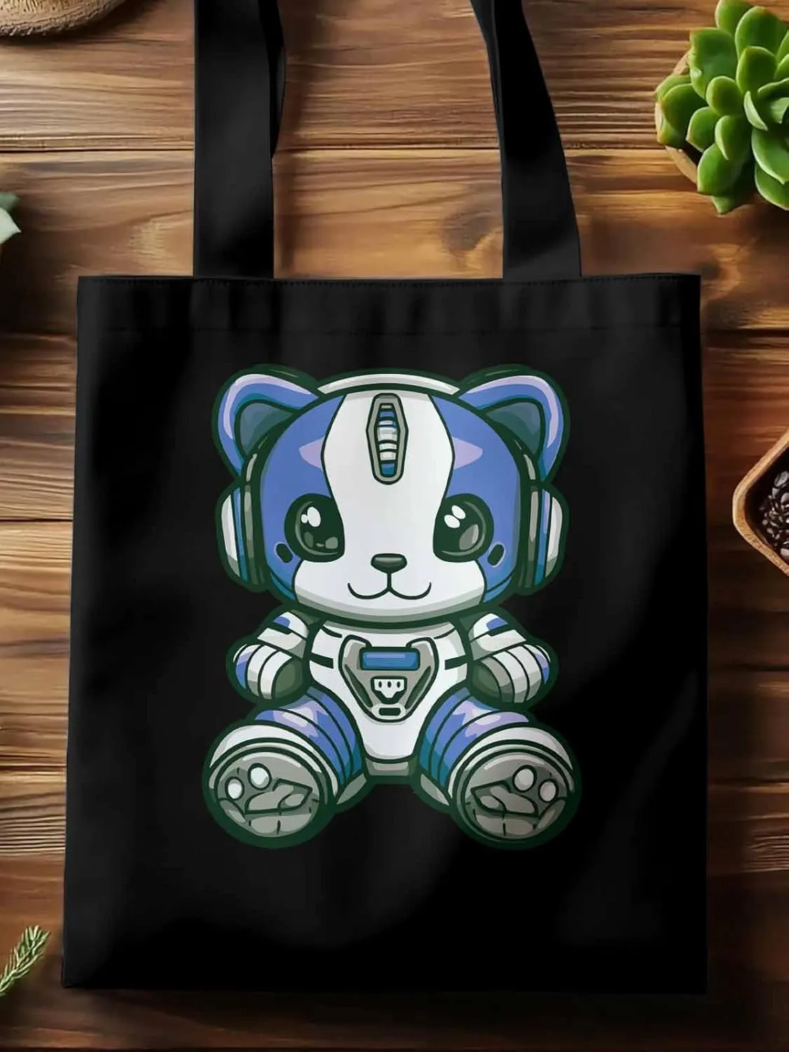 Canvas Tote Bag, Cartoon Cute Mascot Robots patterned Canvas Tote Handbags for Women Shoulder Bag,